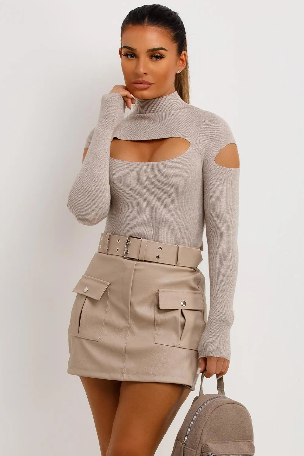 Beige Faux Leather Skorts With Cargo Pockets And Belt