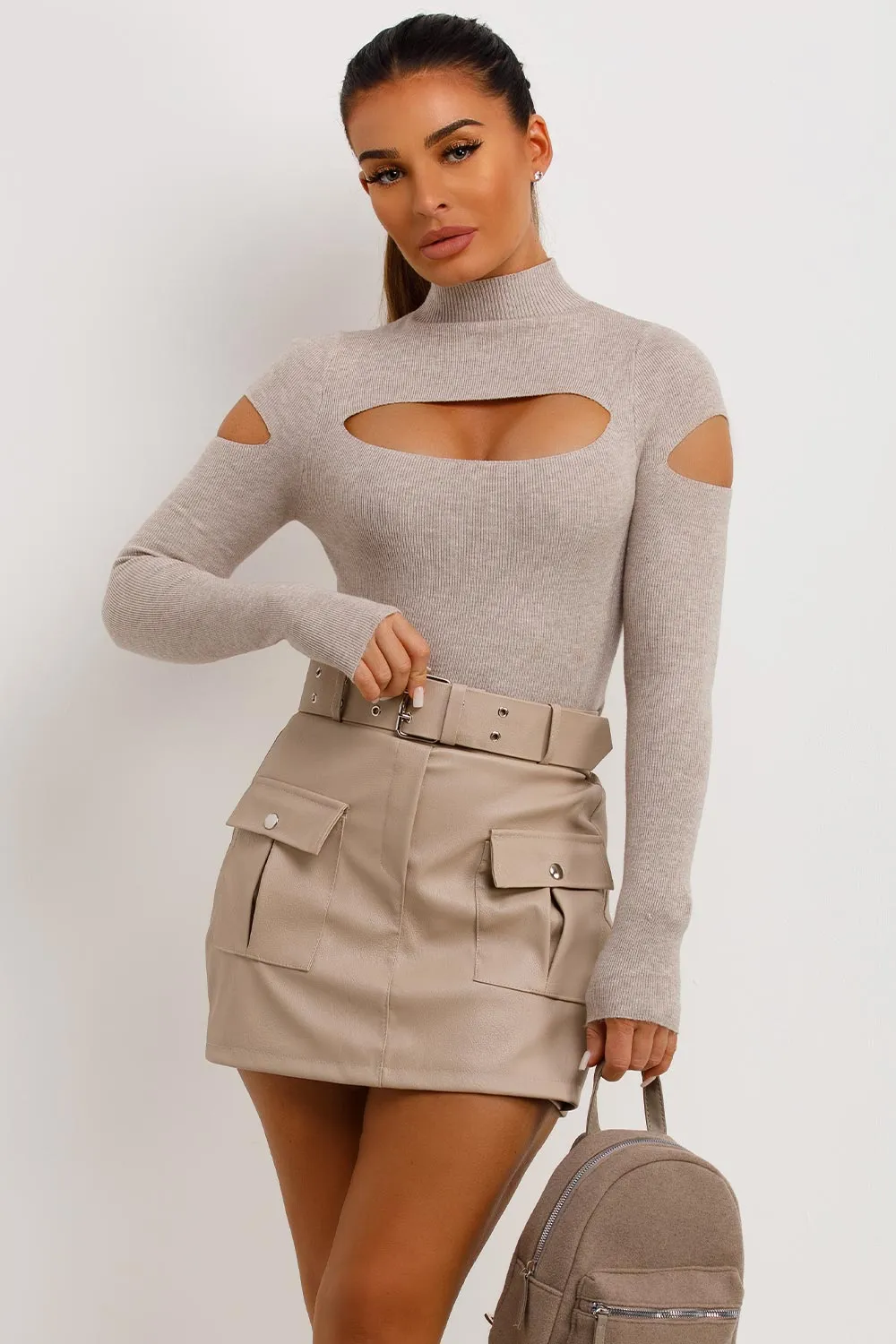 Beige Faux Leather Skorts With Cargo Pockets And Belt