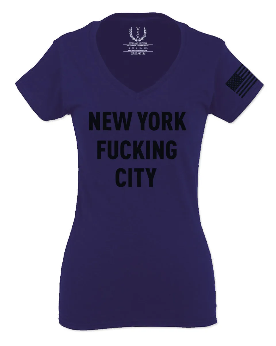 Black Fonts New York Fucking City NYC American Flag America Cool Street For Women V neck fitted T Shirt