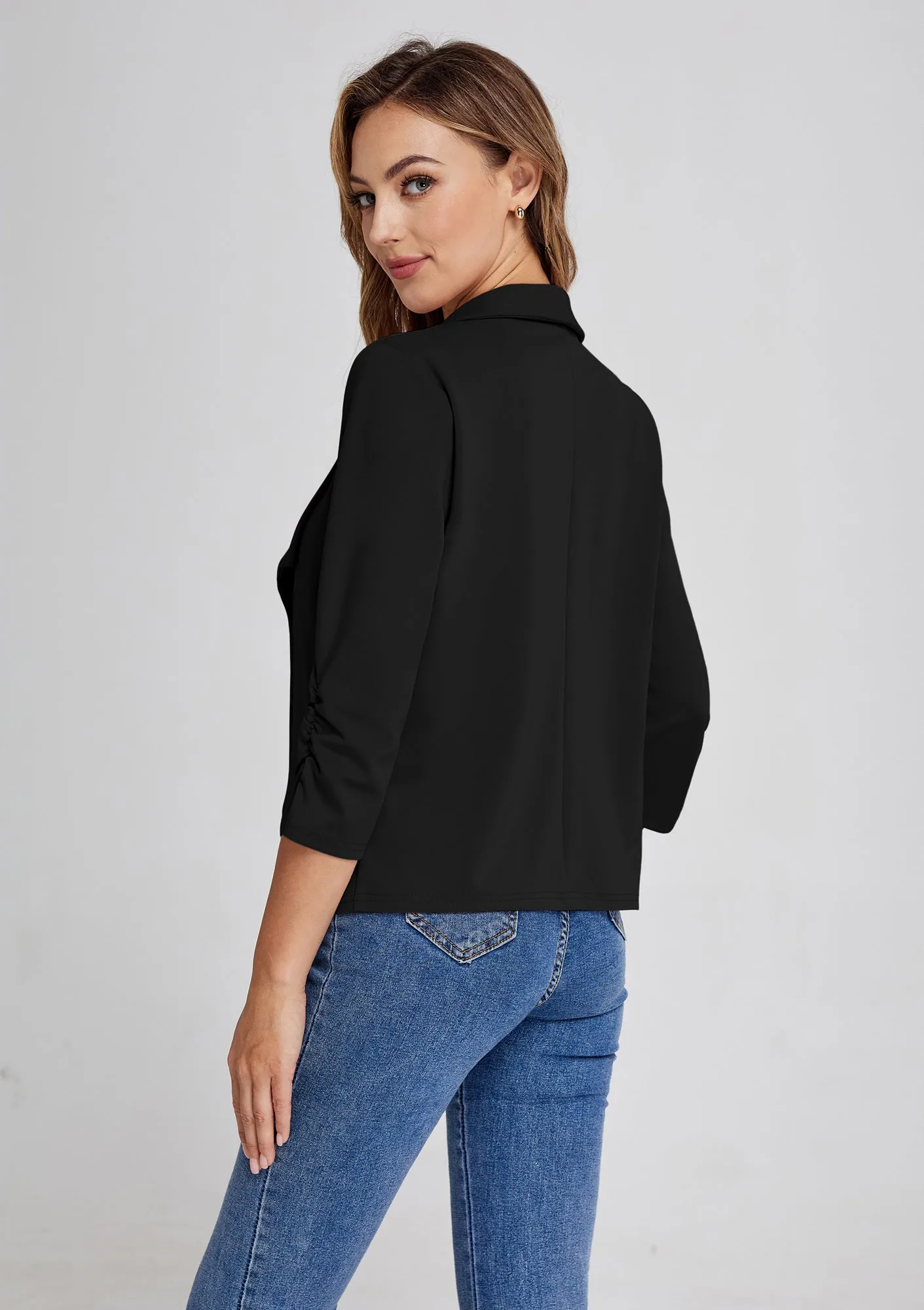 BP Women Vintage Bolero 3/4 Ruched Sleeve Lapel Collar Open Front Coat
