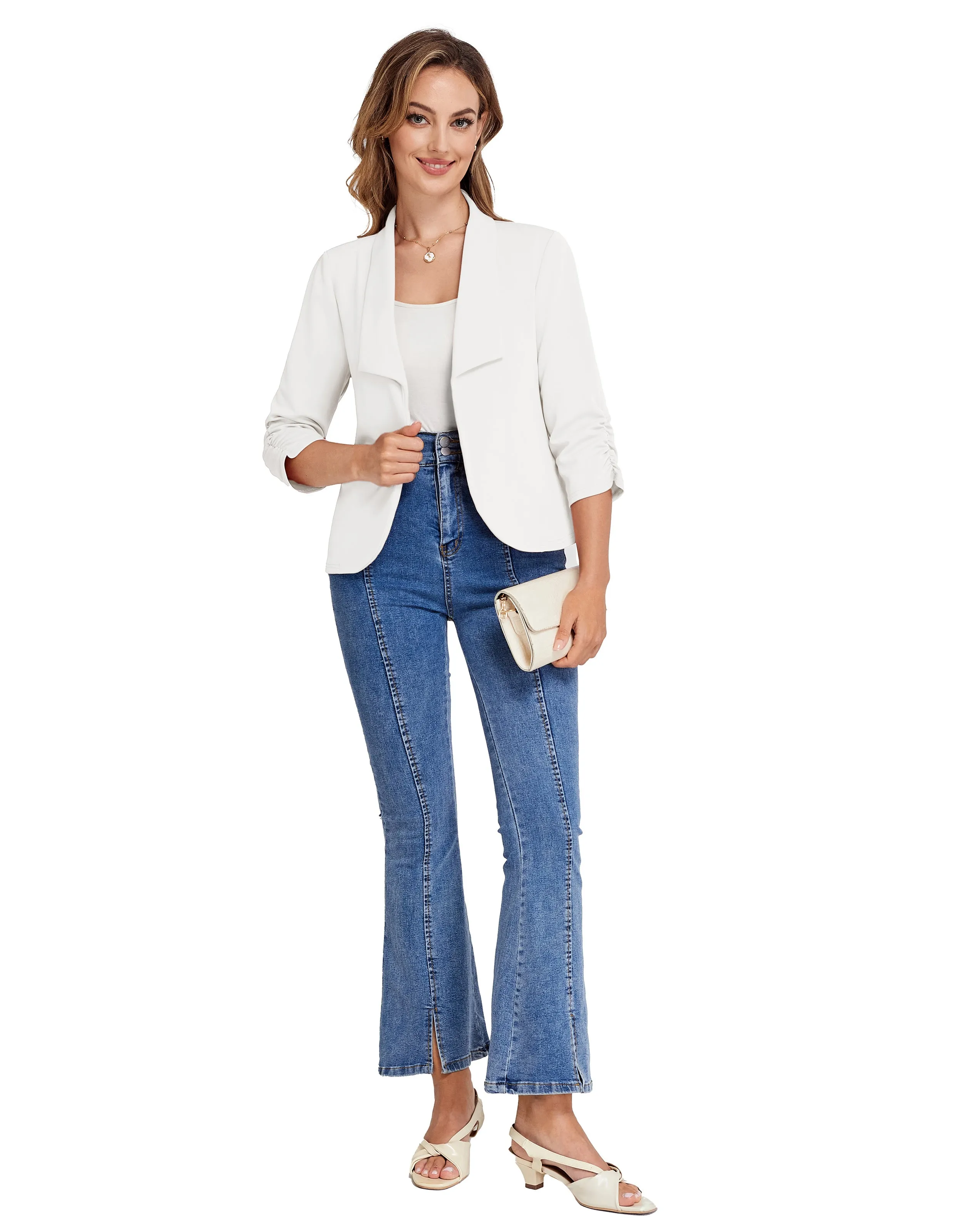 BP Women Vintage Bolero 3/4 Ruched Sleeve Lapel Collar Open Front Coat