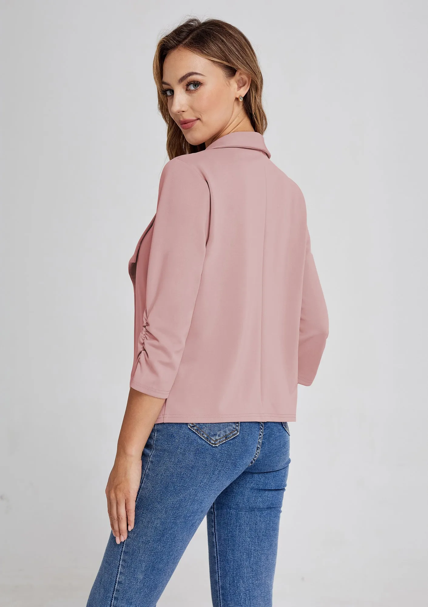 BP Women Vintage Bolero 3/4 Ruched Sleeve Lapel Collar Open Front Coat