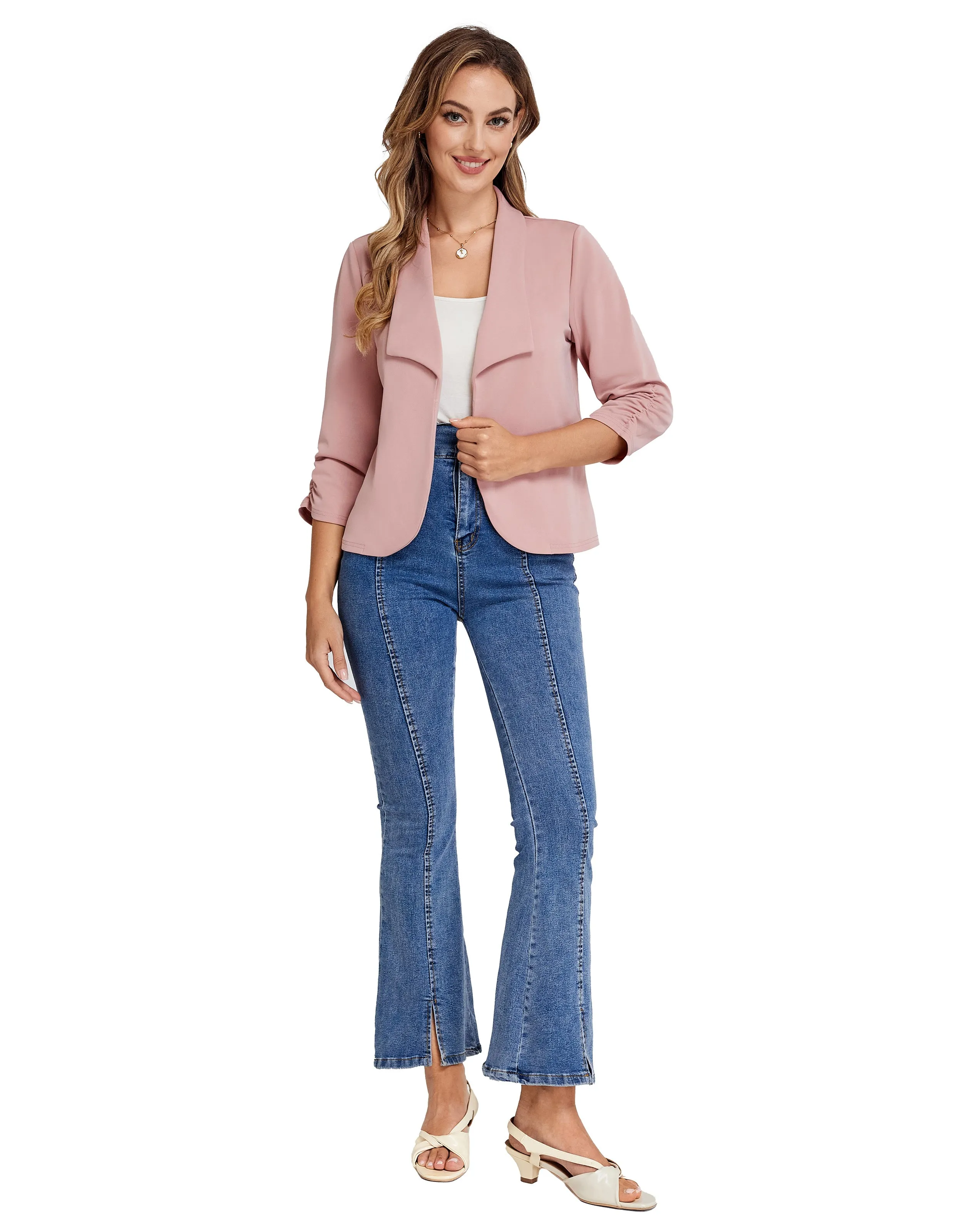 BP Women Vintage Bolero 3/4 Ruched Sleeve Lapel Collar Open Front Coat