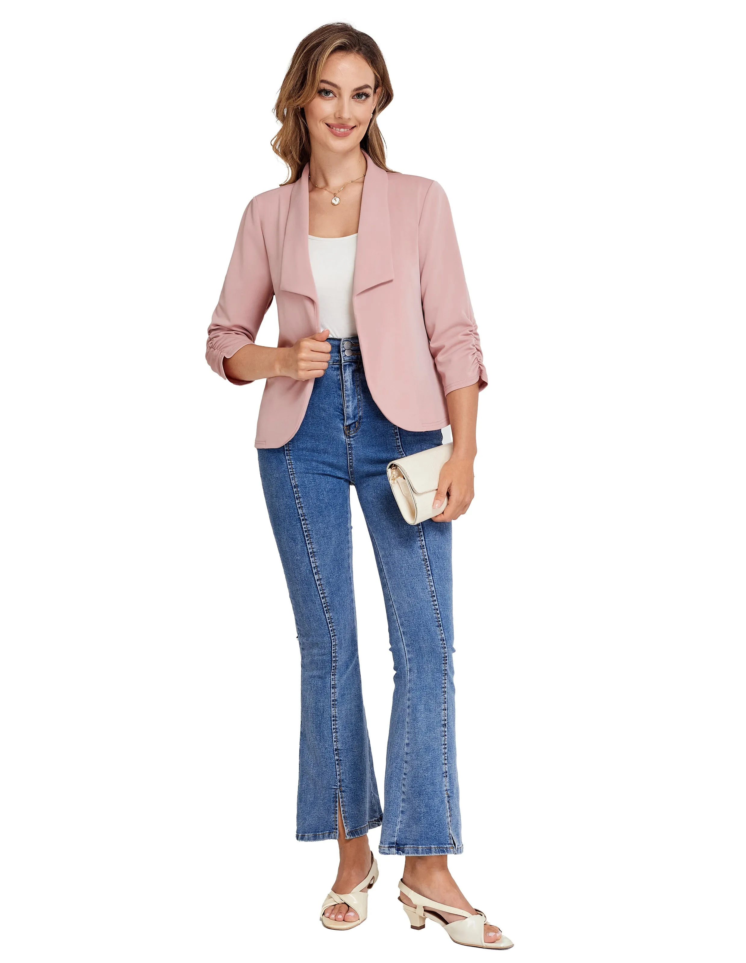 BP Women Vintage Bolero 3/4 Ruched Sleeve Lapel Collar Open Front Coat