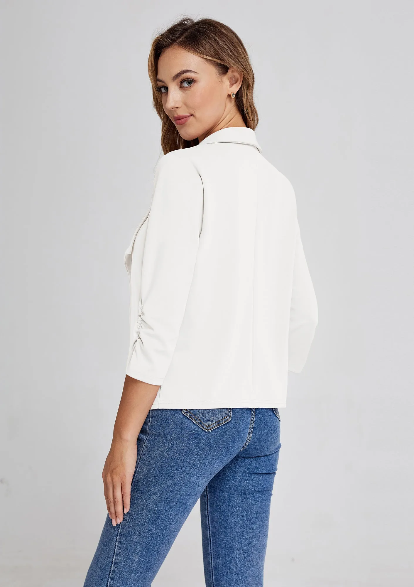 BP Women Vintage Bolero 3/4 Ruched Sleeve Lapel Collar Open Front Coat