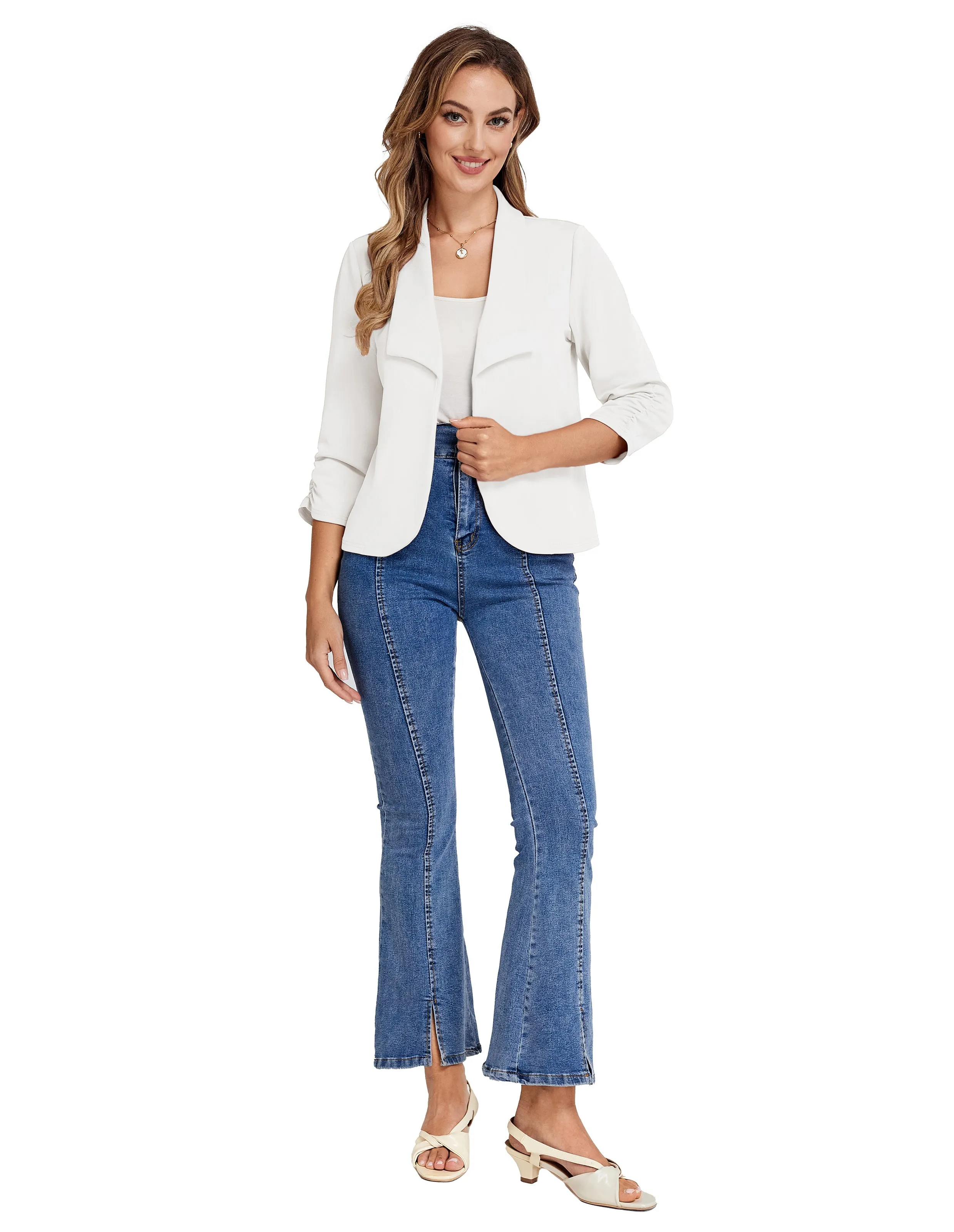 BP Women Vintage Bolero 3/4 Ruched Sleeve Lapel Collar Open Front Coat