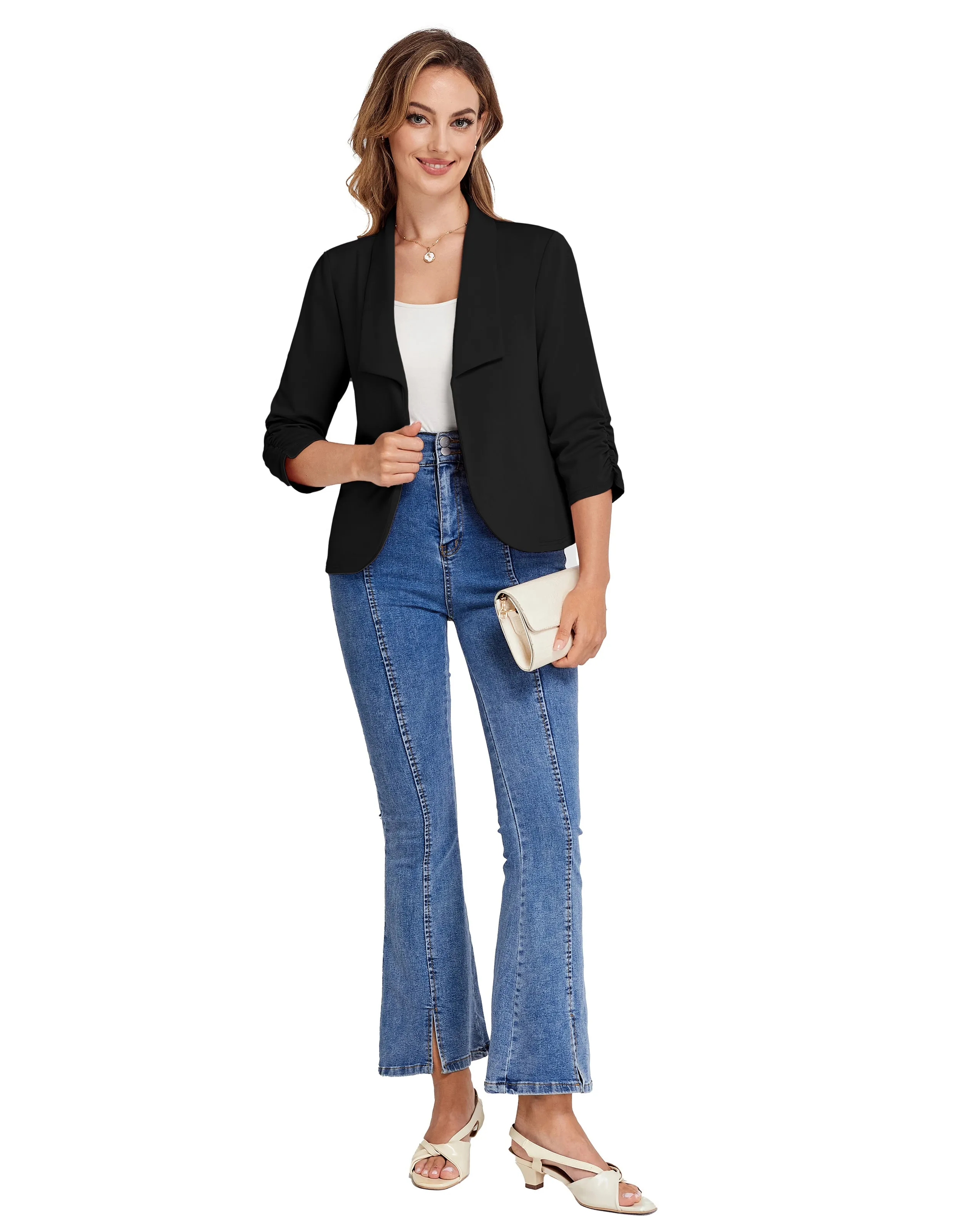 BP Women Vintage Bolero 3/4 Ruched Sleeve Lapel Collar Open Front Coat