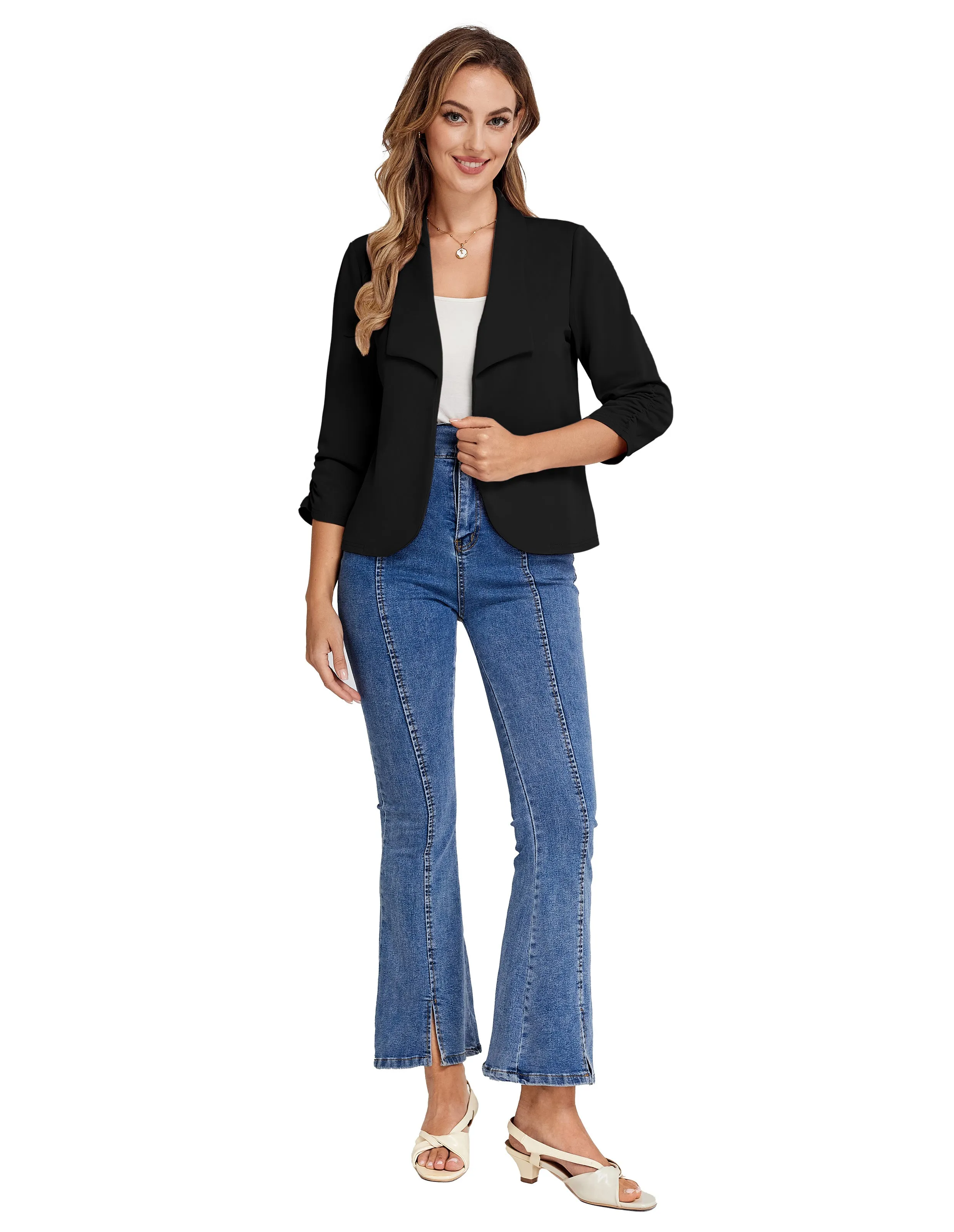 BP Women Vintage Bolero 3/4 Ruched Sleeve Lapel Collar Open Front Coat