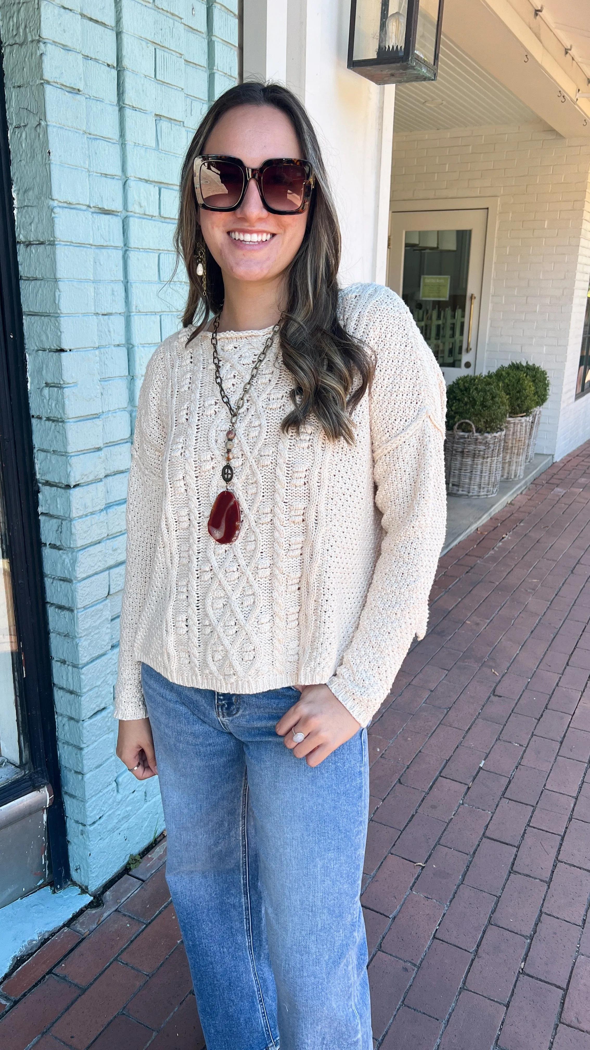 Cream Oversized Boatneck Cable Knit Sweater