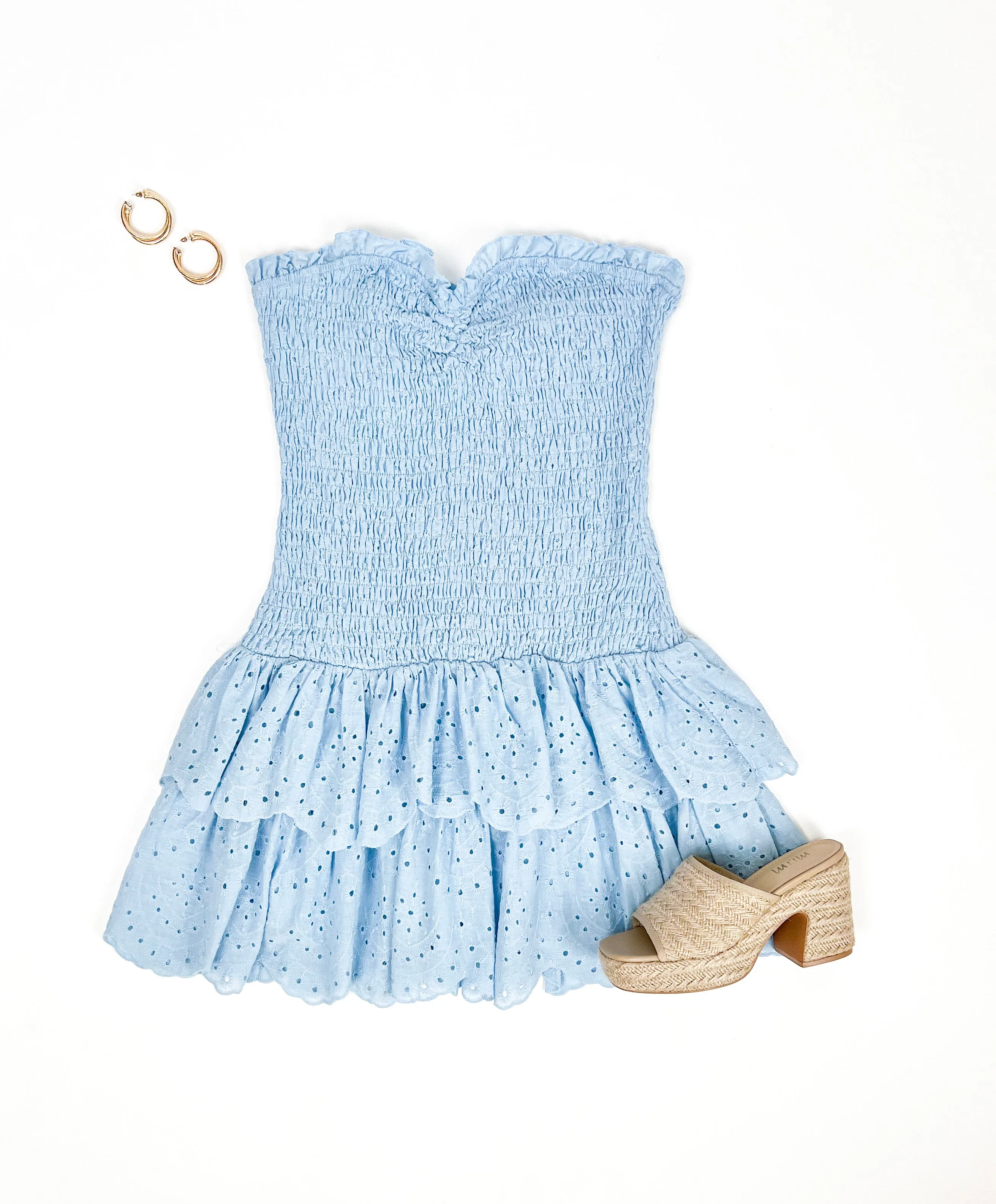 GAME CHANGER STRAPLESS SMOCKED EYELET DRESS
