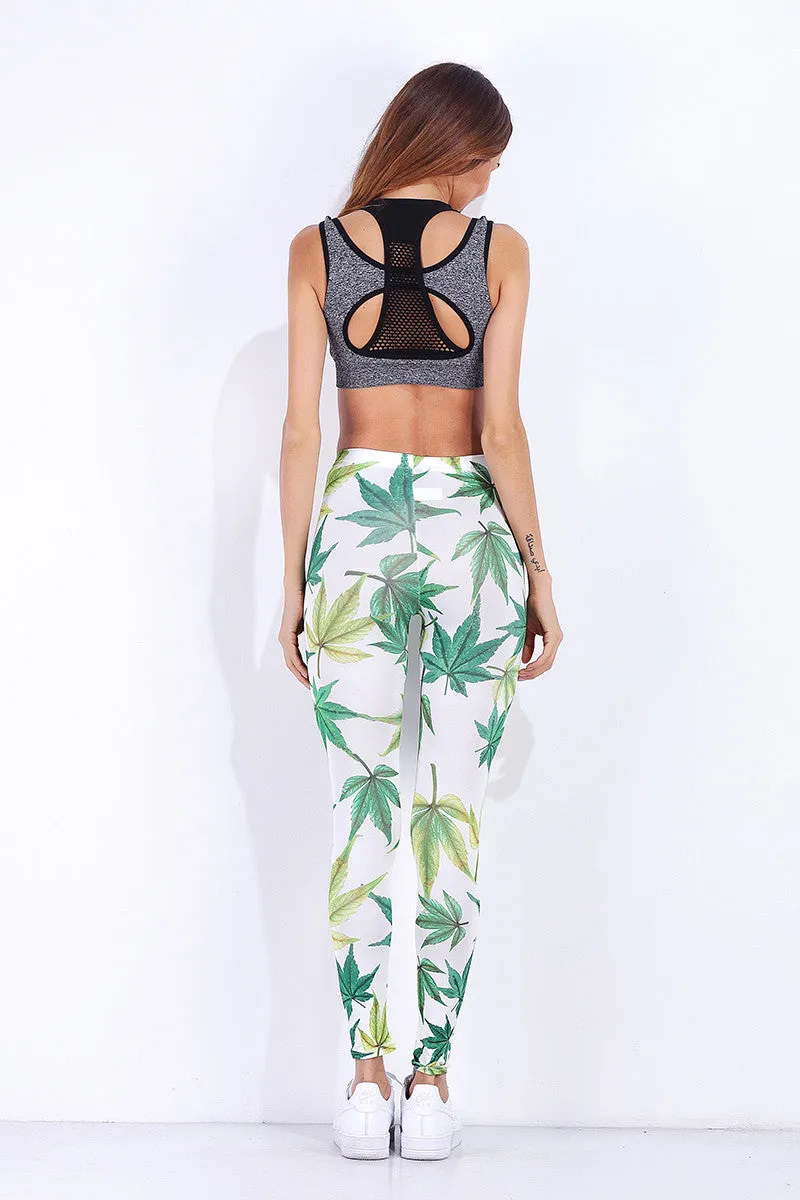 Green Leaf Printed Sexy Activewear Leggings