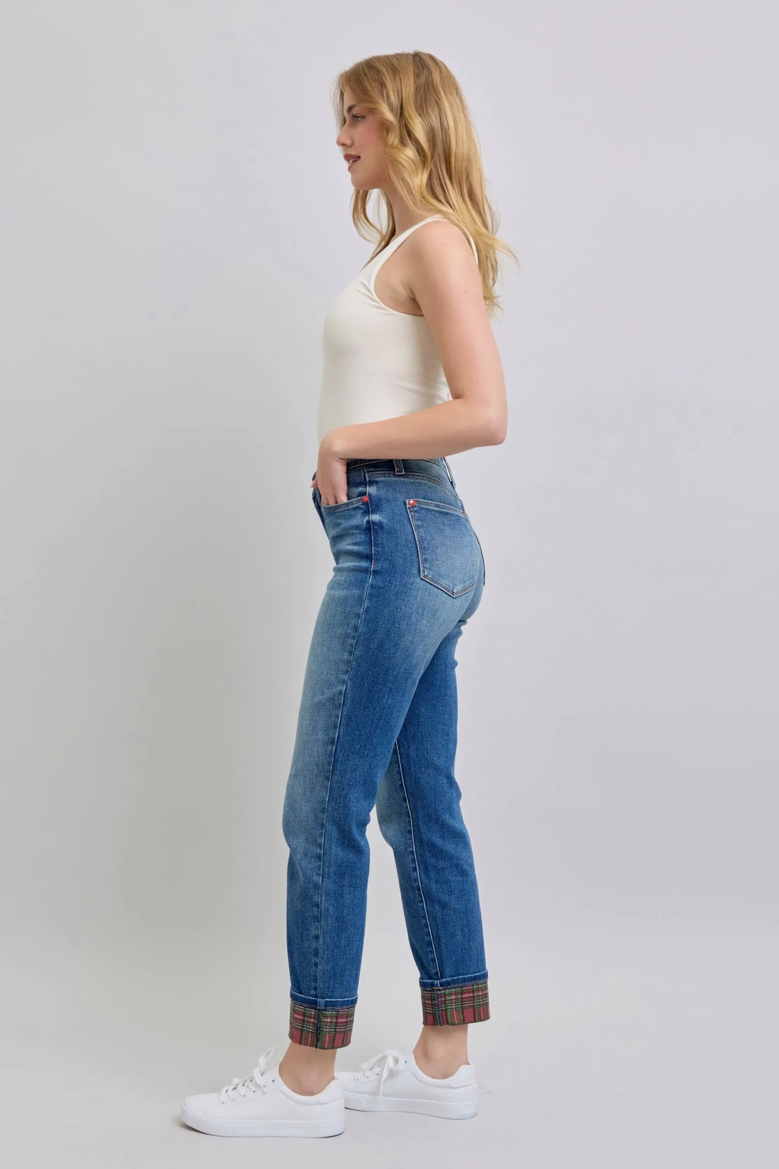 Hazel Blues® |  Judy Blue Plaid Print Cuff Straight Leg Jeans with Pockets