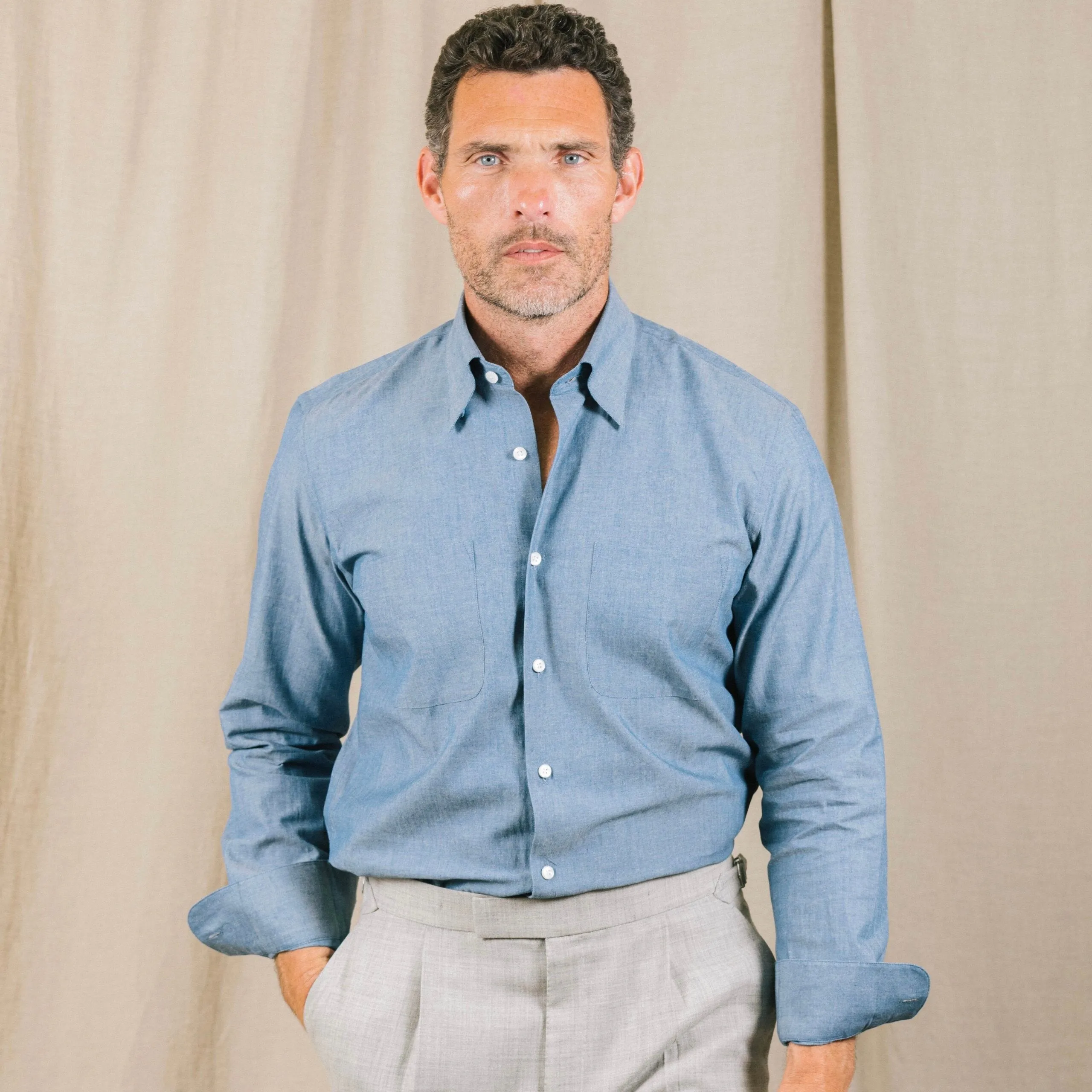 Hidden Button Down Shirt in Chambray Denim