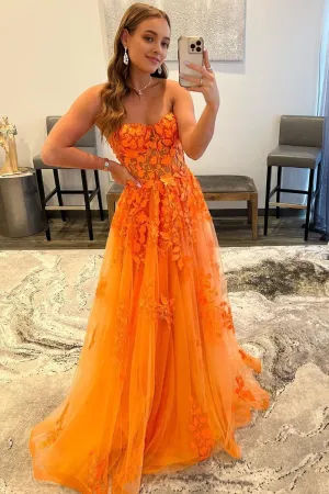 kamahe Orange Sweetheart Long Prom Dress With Appliques Party Dresses
