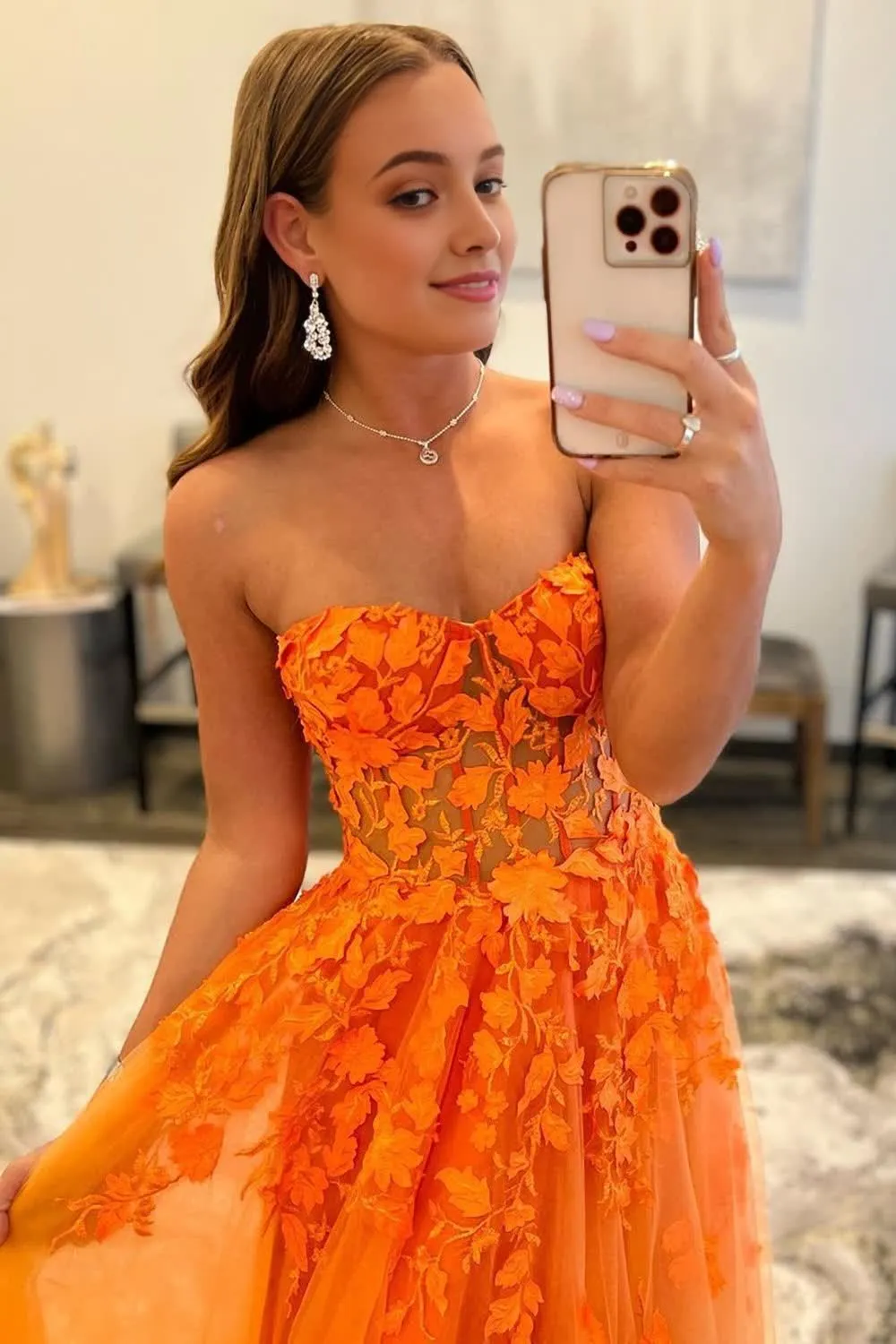 kamahe Orange Sweetheart Long Prom Dress With Appliques Party Dresses
