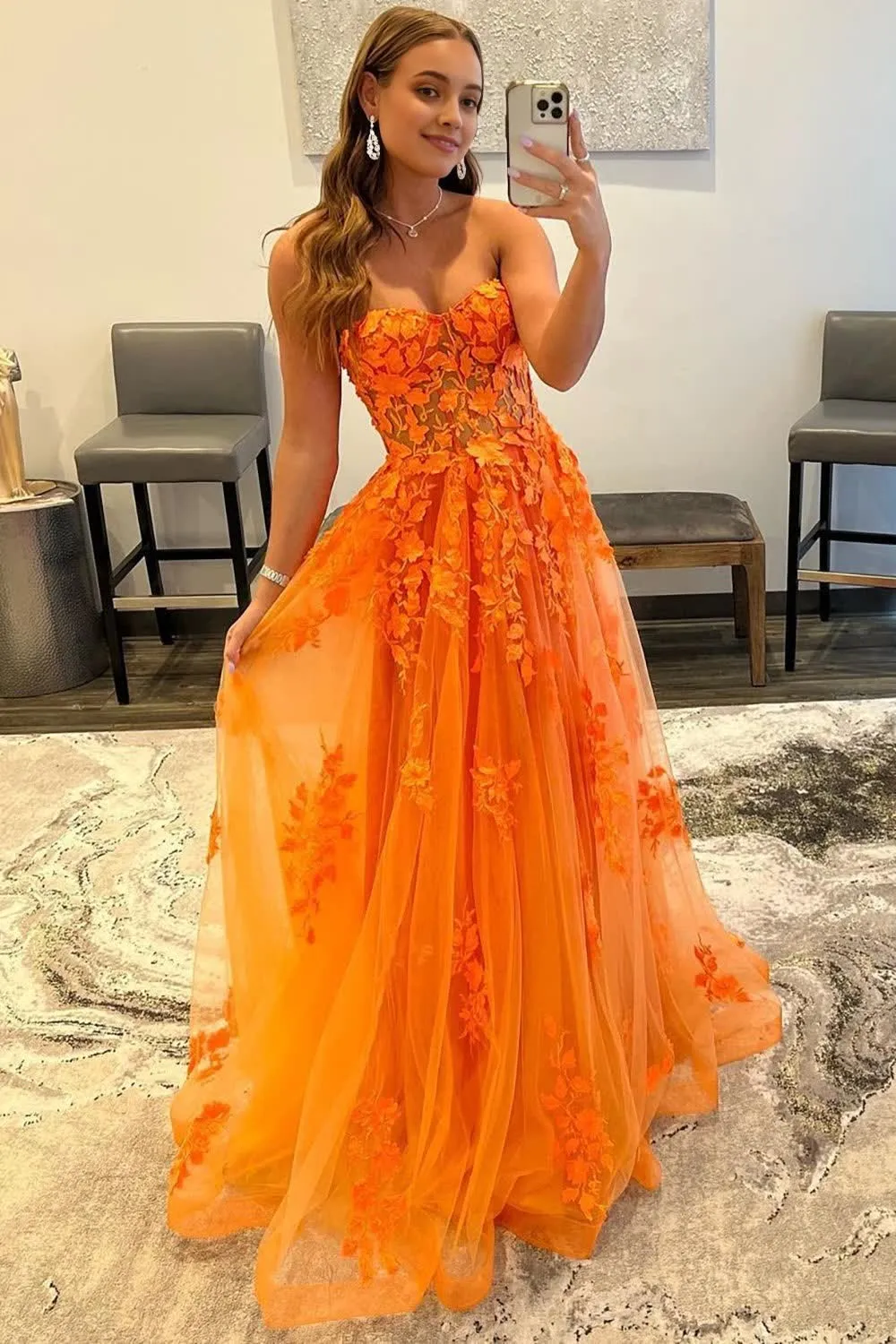 kamahe Orange Sweetheart Long Prom Dress With Appliques Party Dresses