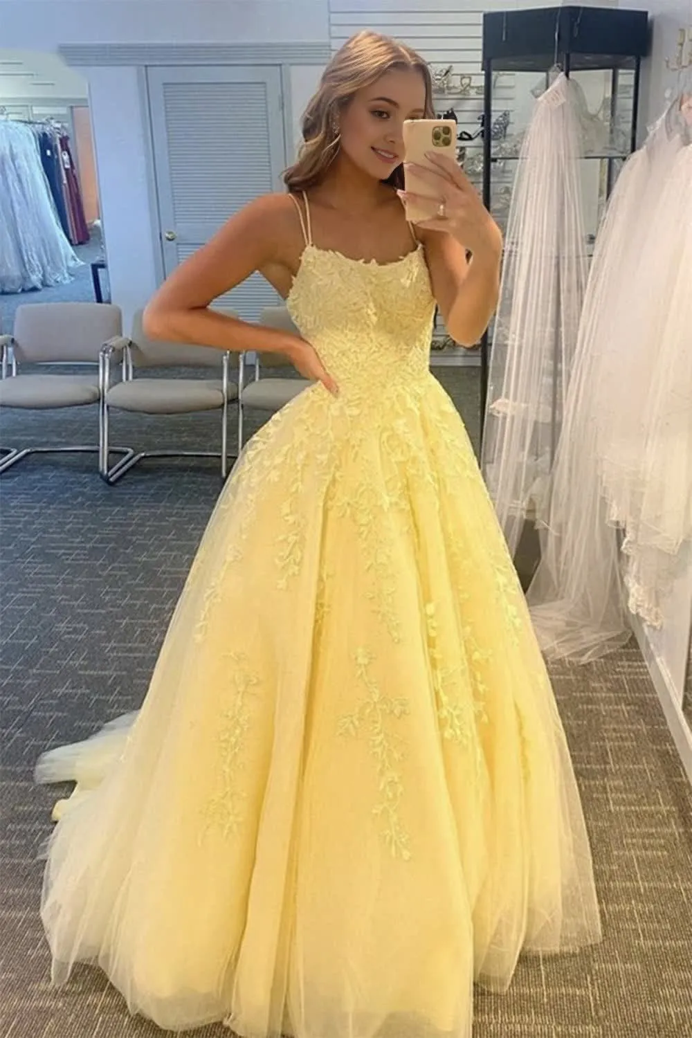 kamahe Yellow Tulle Prom Dress With Appliques Party Dresses