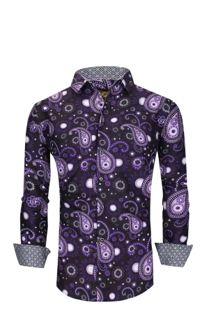 Men PREMIERE Long Sleeve Button Down Dress Shirt Purple Black Paisley Designer Shirt