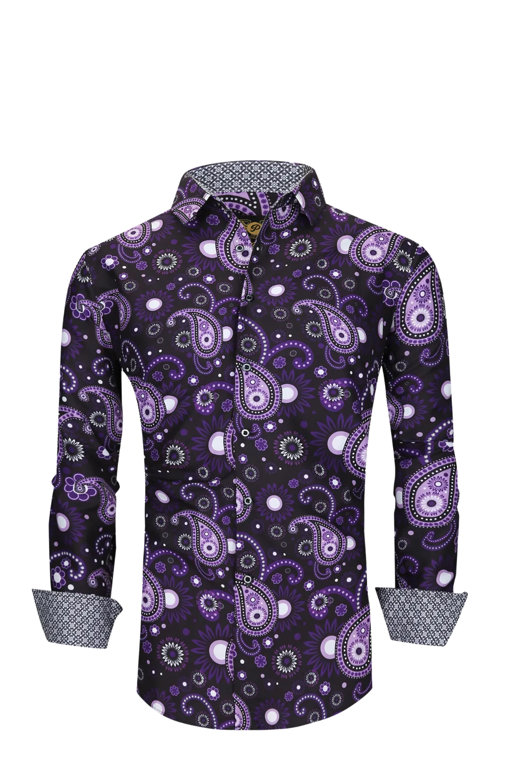 Men PREMIERE Long Sleeve Button Down Dress Shirt Purple Black Paisley Designer Shirt