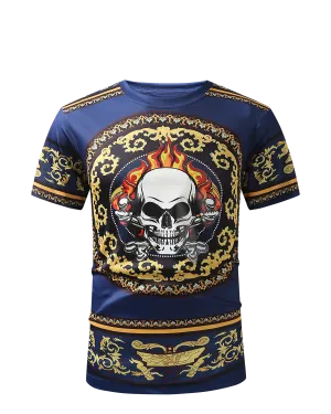 Men PREMIERE SLIM FIT Short Sleeve T SHIRT NAVY BLUE GOLD SKULL FIRE PRINT Designer Shirt