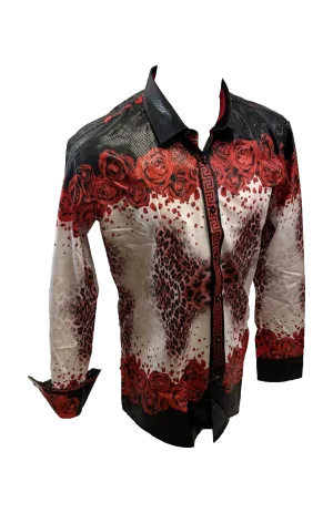 Men's Long Sleeve Button Down Dress Shirt Red White Black Lepard Floral Geometric