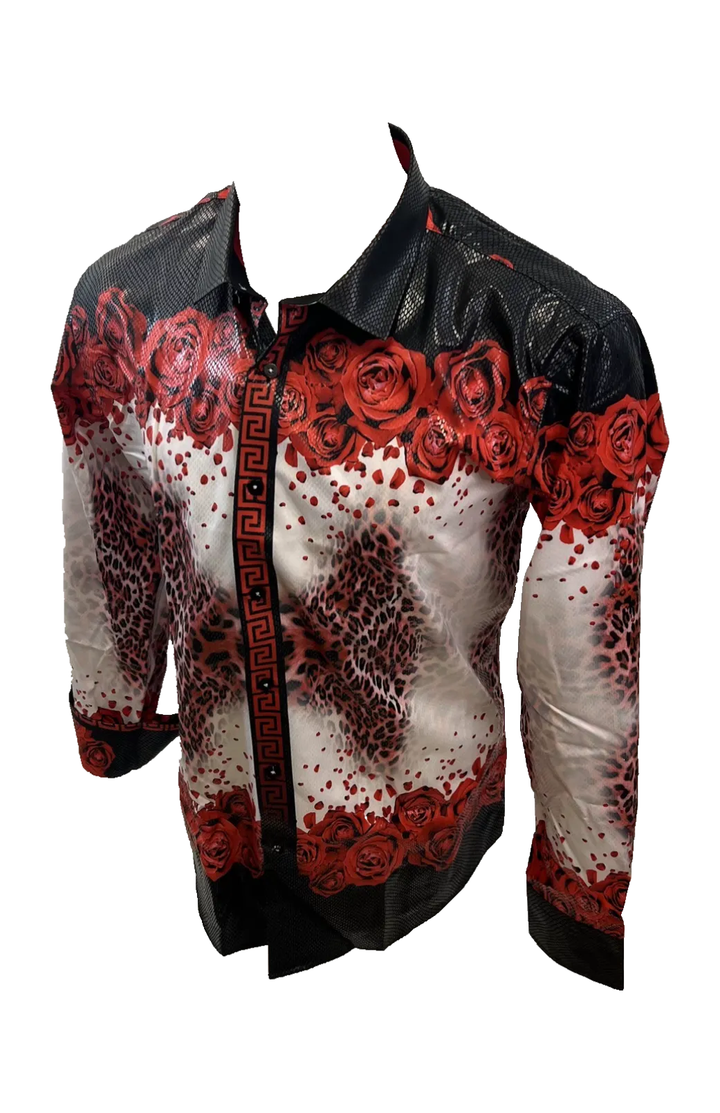 Men's Long Sleeve Button Down Dress Shirt Red White Black Lepard Floral Geometric