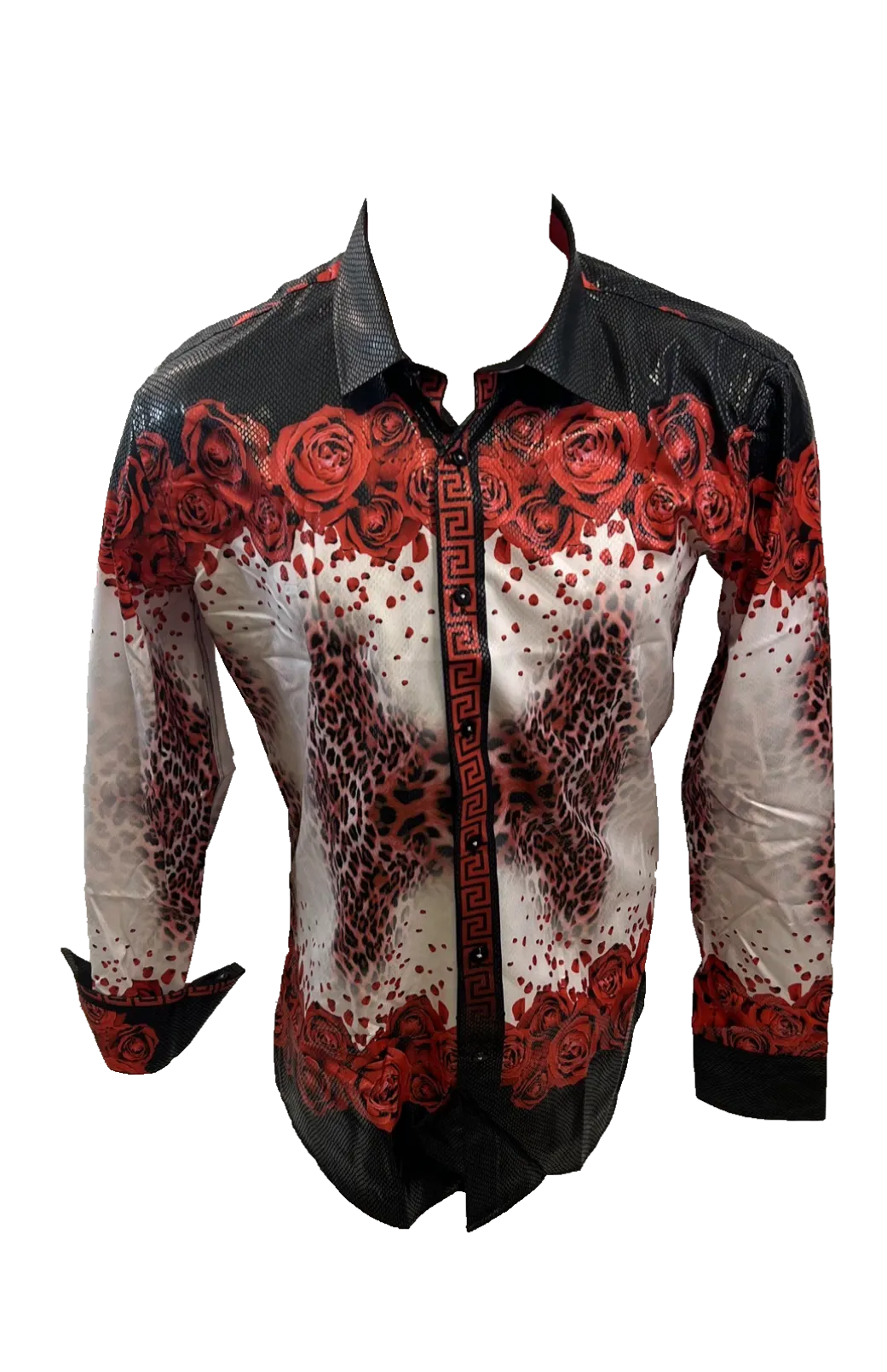 Men's Long Sleeve Button Down Dress Shirt Red White Black Lepard Floral Geometric
