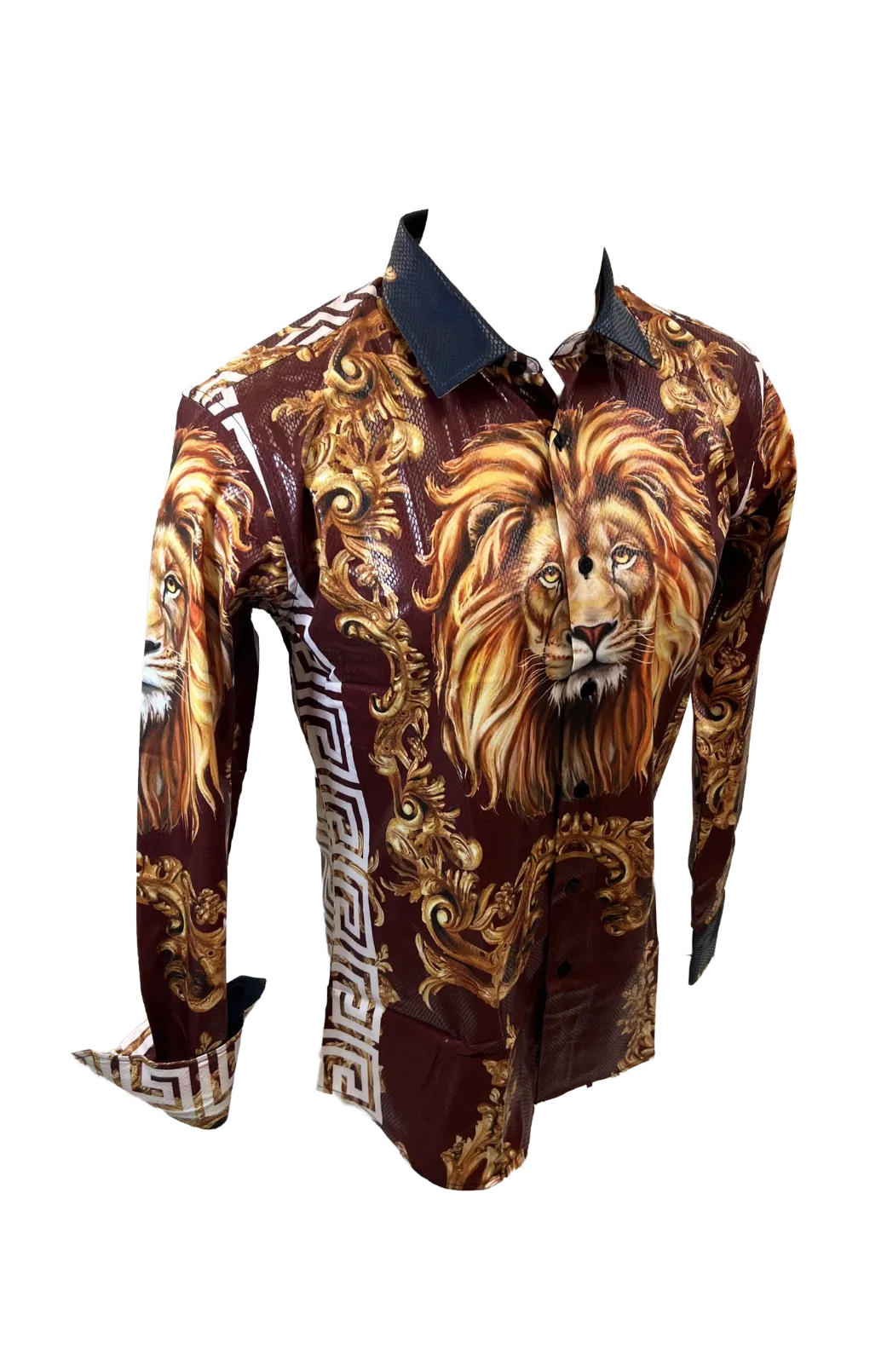 Men's Long Sleeve Button Down Dress Shirt Roar Tiger Burgundy Red White Gold Lion