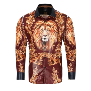 Men's Long Sleeve Button Down Dress Shirt Roar Tiger Burgundy Red White Gold Lion