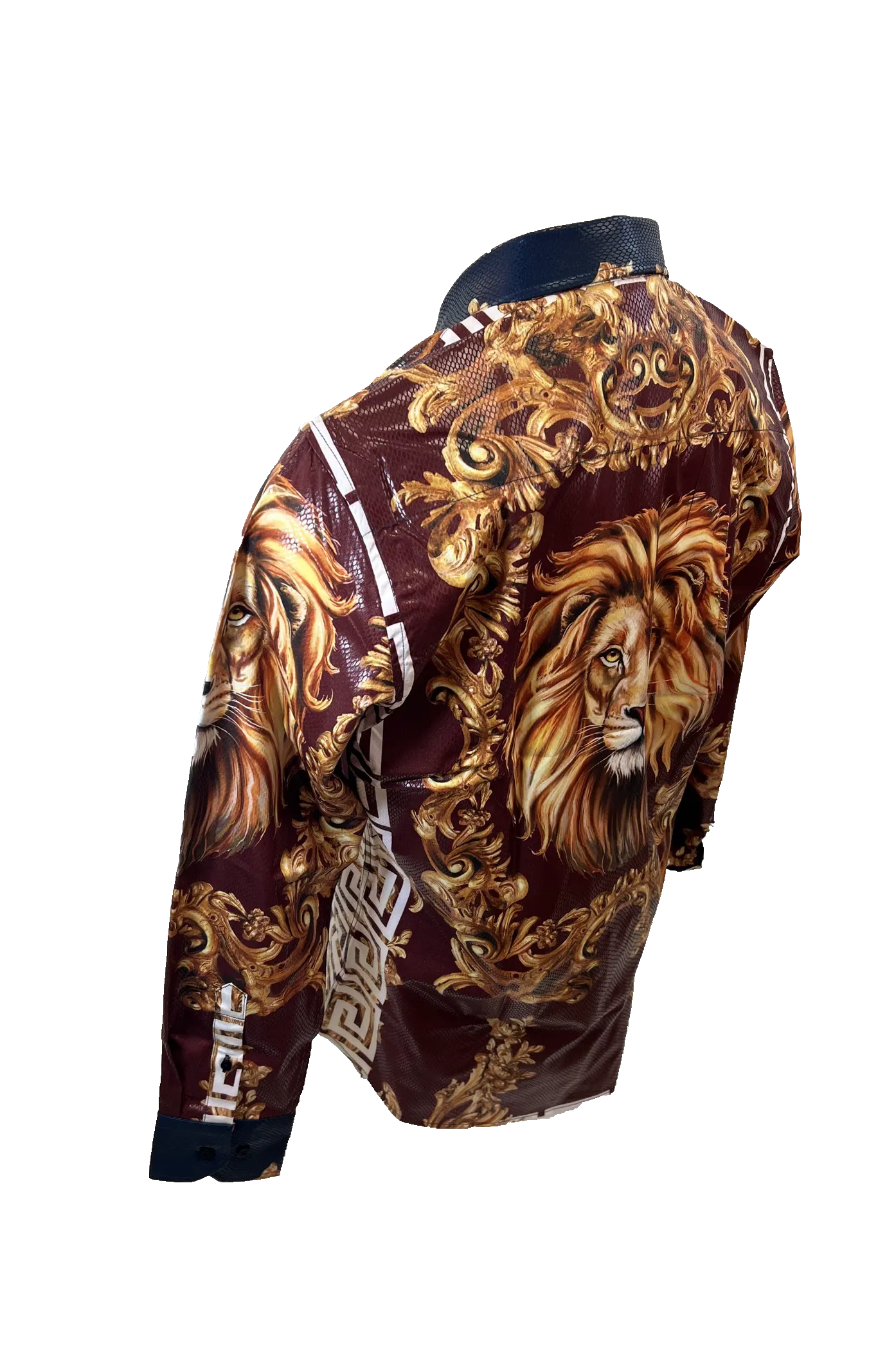 Men's Long Sleeve Button Down Dress Shirt Roar Tiger Burgundy Red White Gold Lion