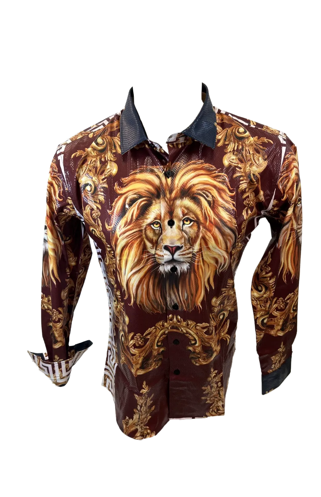 Men's Long Sleeve Button Down Dress Shirt Roar Tiger Burgundy Red White Gold Lion
