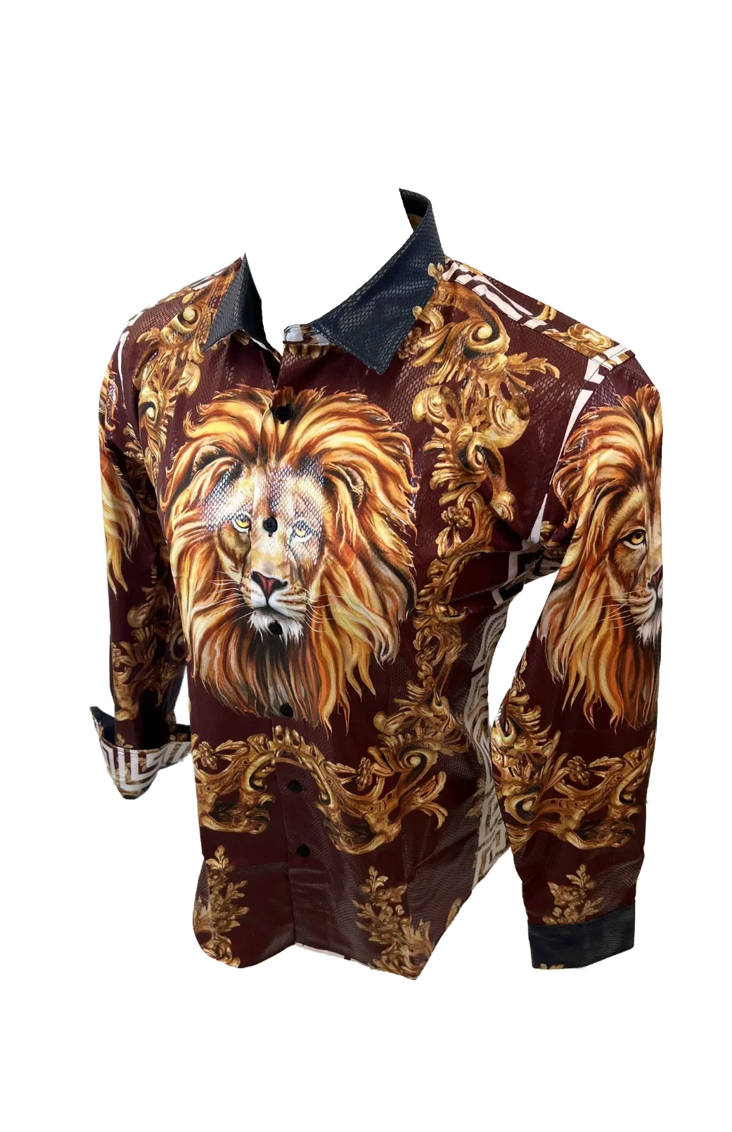 Men's Long Sleeve Button Down Dress Shirt Roar Tiger Burgundy Red White Gold Lion