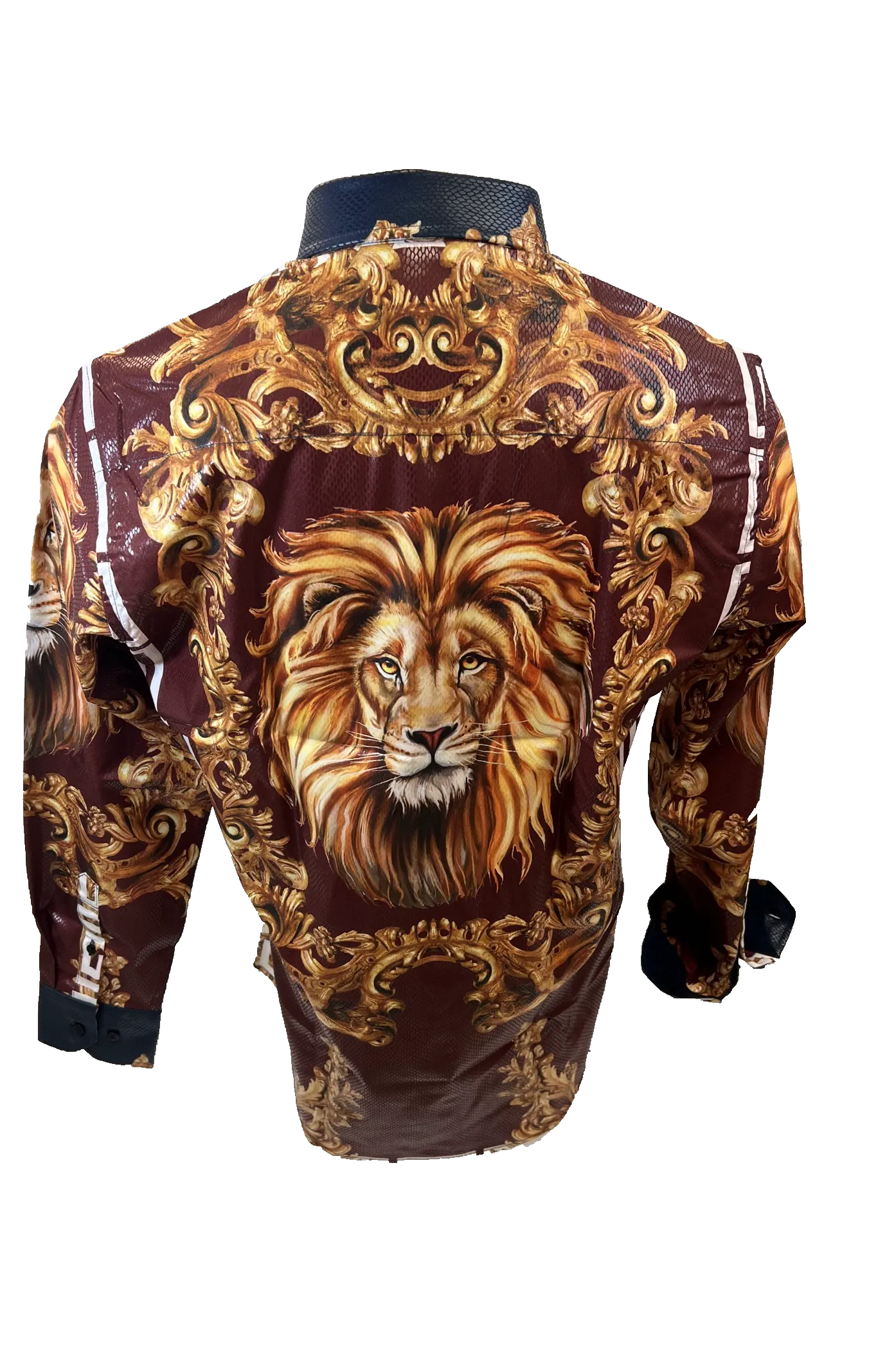Men's Long Sleeve Button Down Dress Shirt Roar Tiger Burgundy Red White Gold Lion