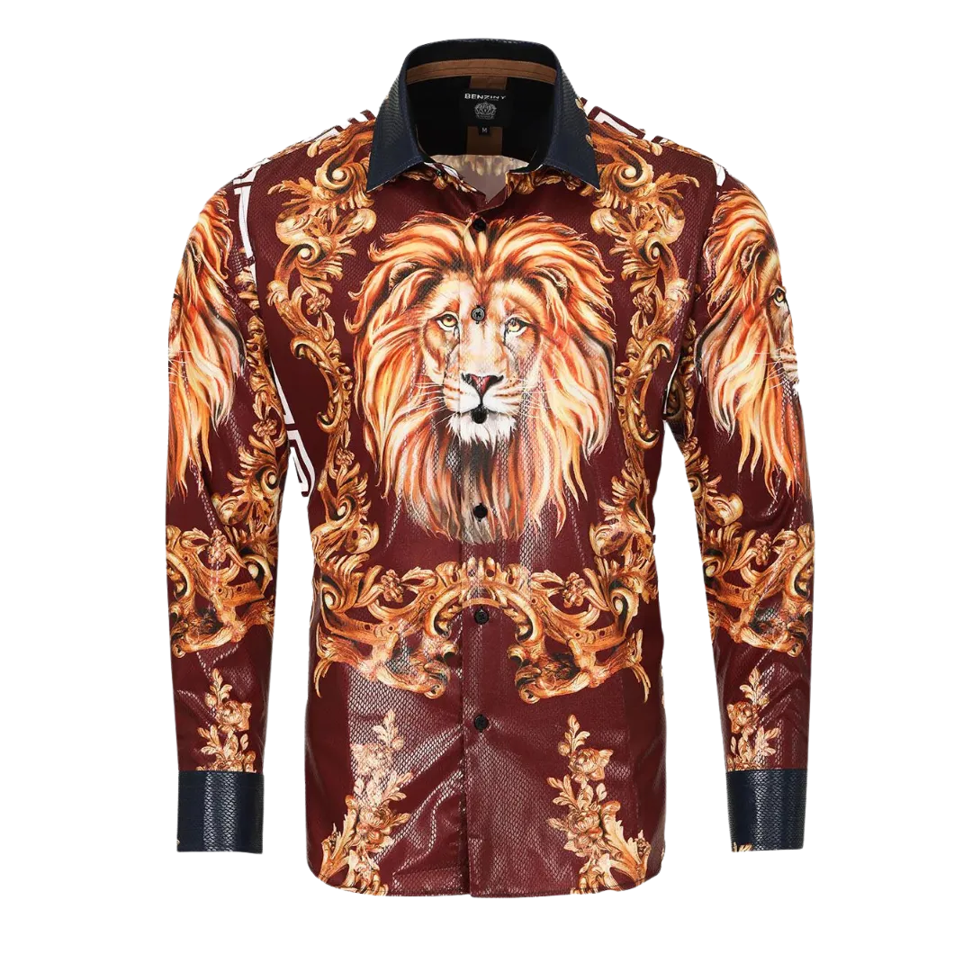Men's Long Sleeve Button Down Dress Shirt Roar Tiger Burgundy Red White Gold Lion