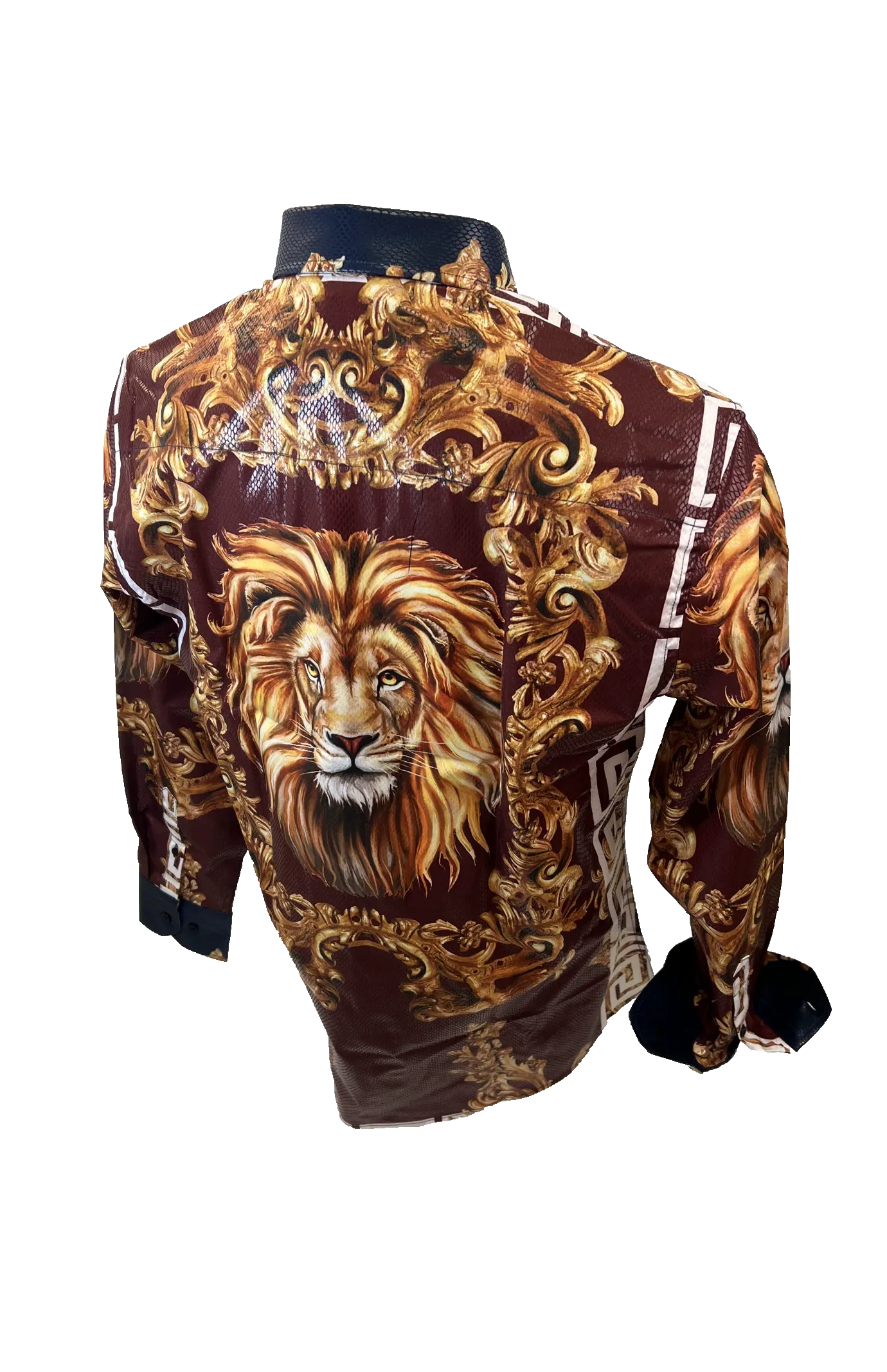 Men's Long Sleeve Button Down Dress Shirt Roar Tiger Burgundy Red White Gold Lion