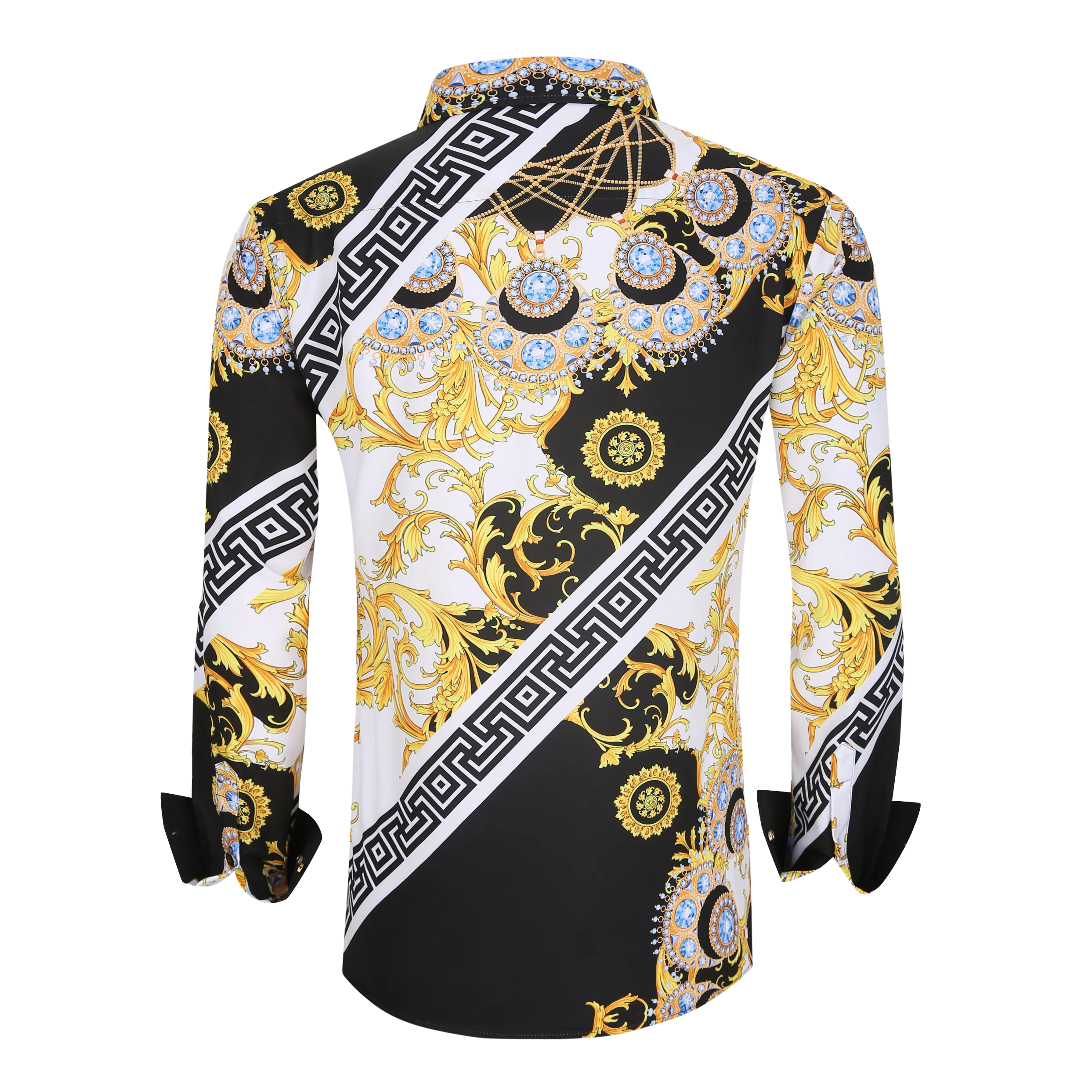 Men's PREMIERE Black Gold Jewels Tribal Floral Long Sleeve Button Down Dress Shirt