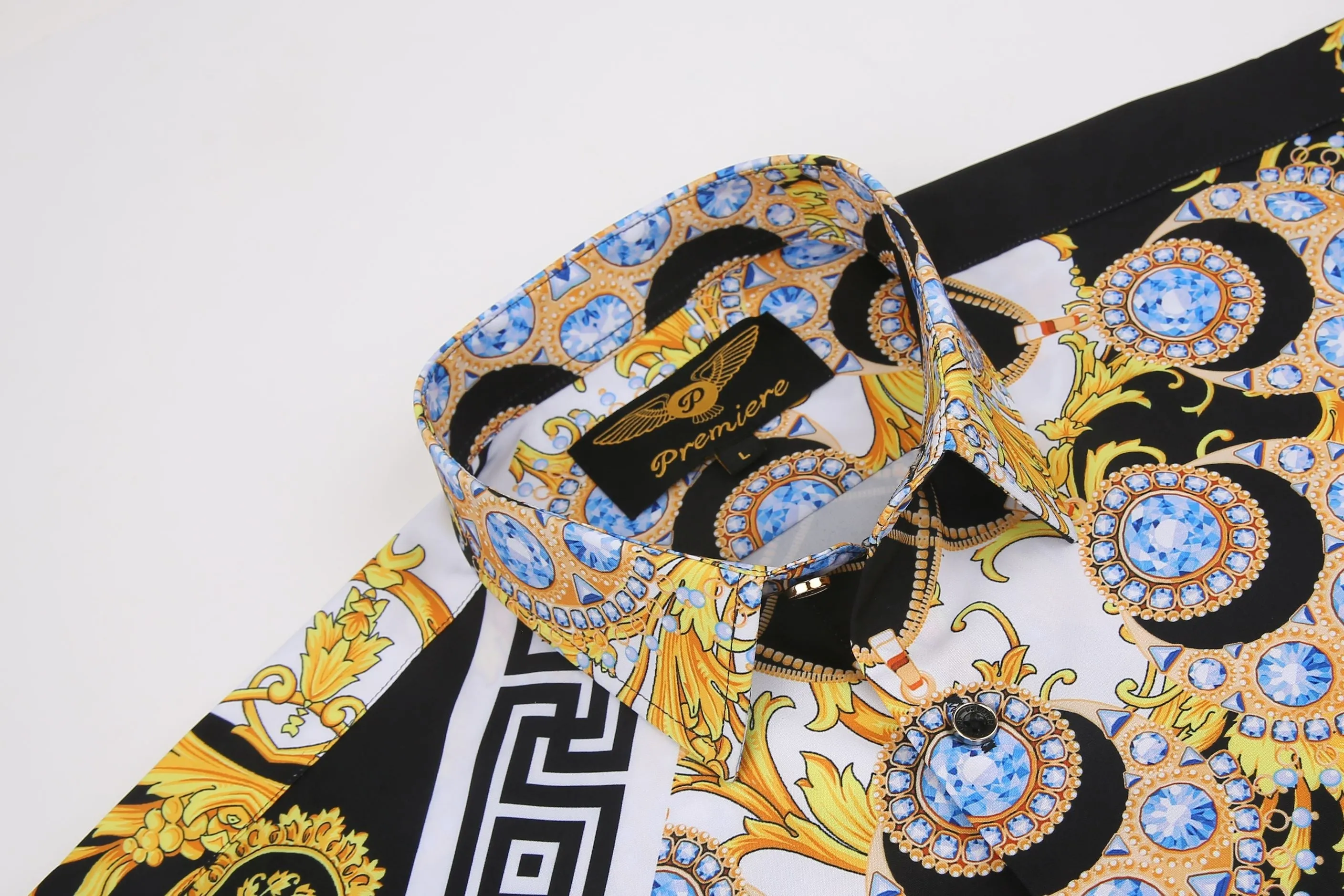 Men's PREMIERE Black Gold Jewels Tribal Floral Long Sleeve Button Down Dress Shirt