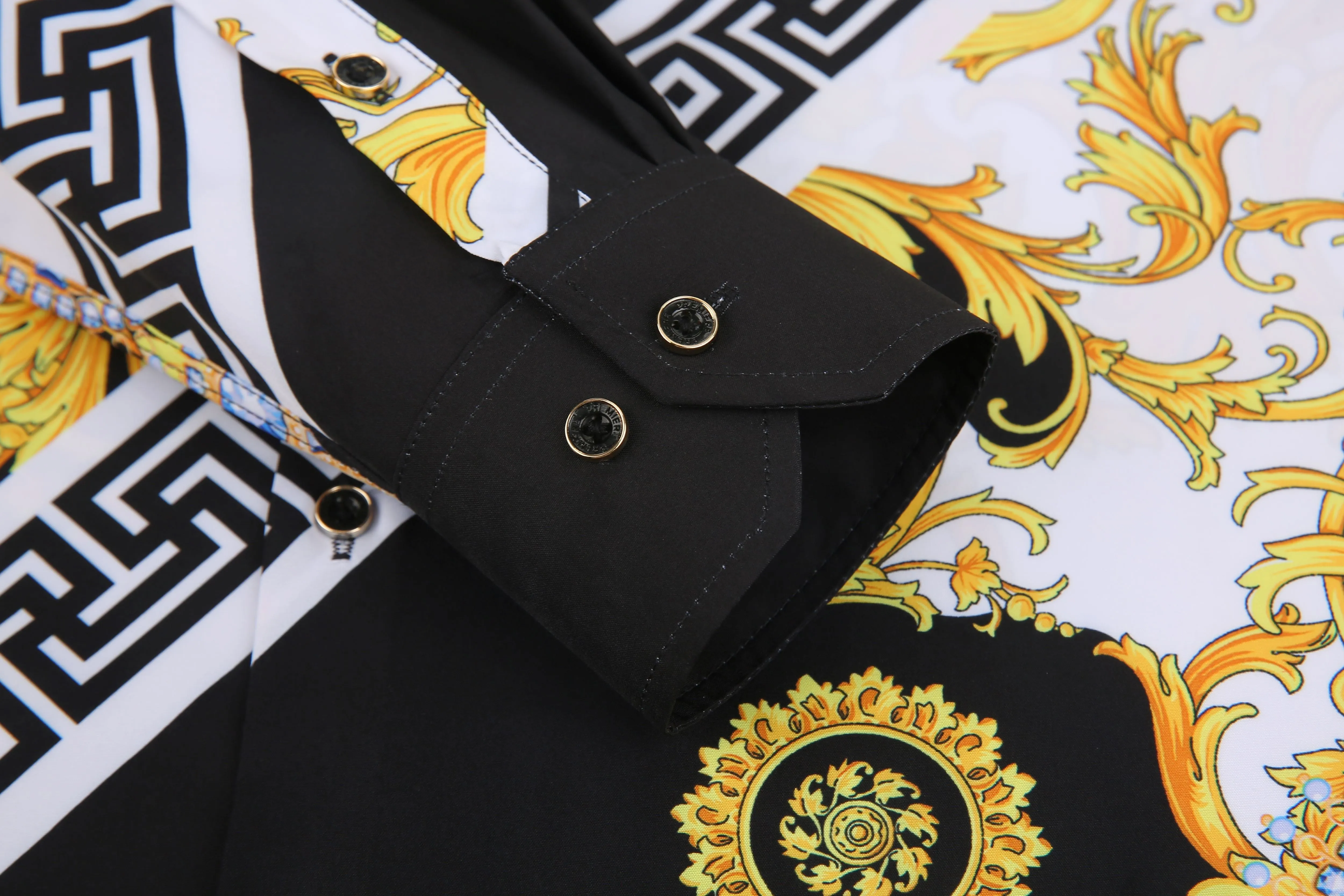 Men's PREMIERE Black Gold Jewels Tribal Floral Long Sleeve Button Down Dress Shirt