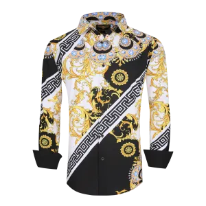 Men's PREMIERE Black Gold Jewels Tribal Floral Long Sleeve Button Down Dress Shirt