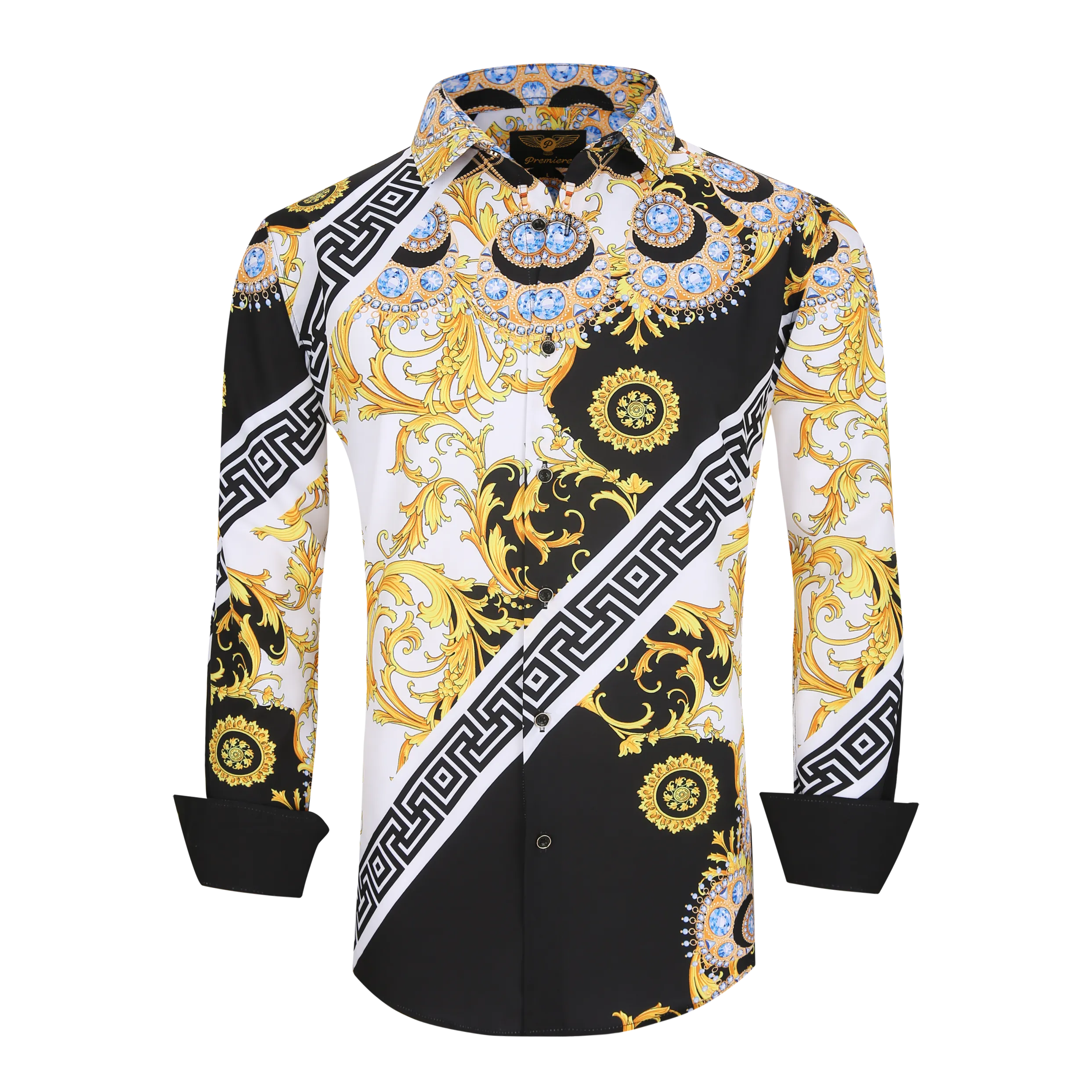 Men's PREMIERE Black Gold Jewels Tribal Floral Long Sleeve Button Down Dress Shirt