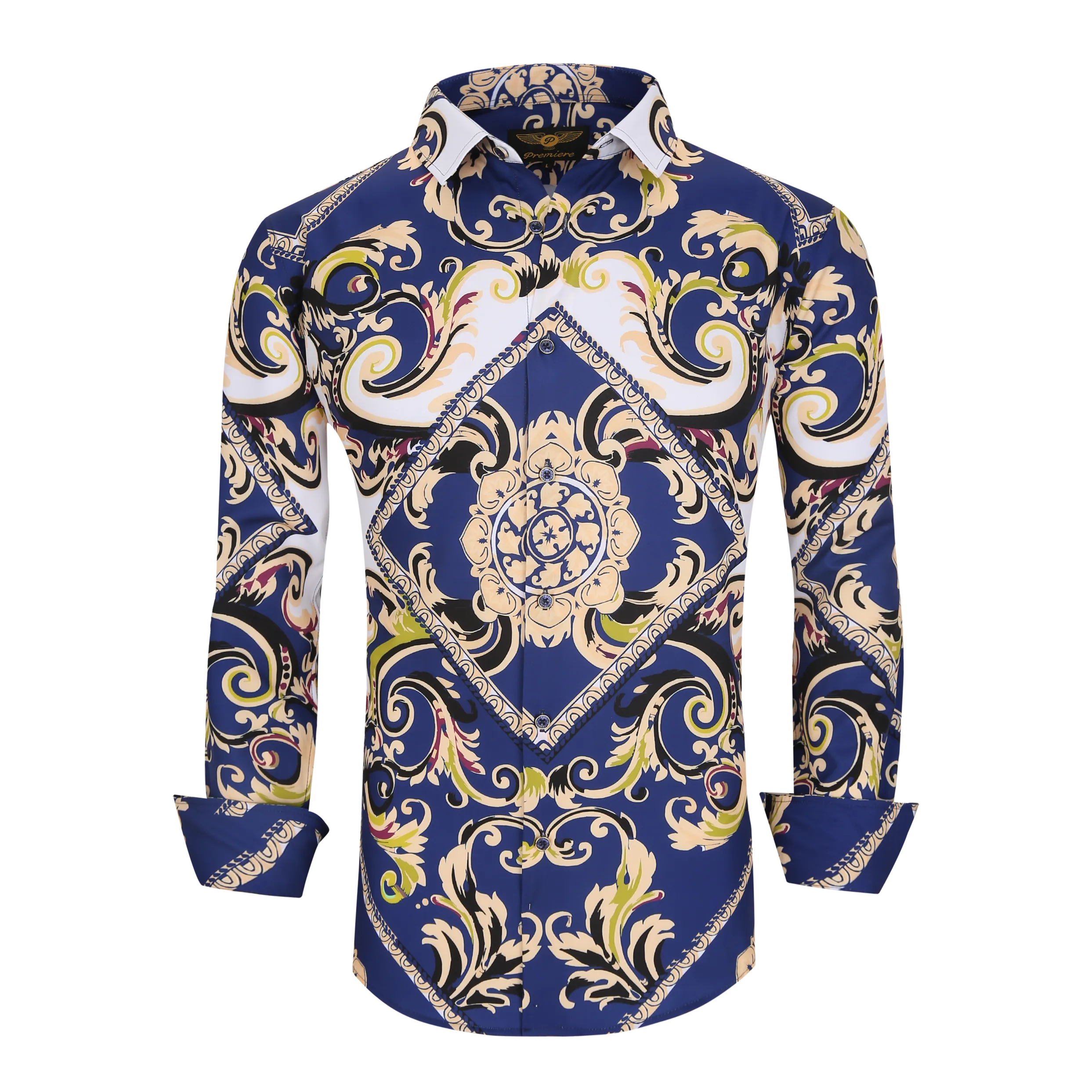 Men's PREMIERE Black White Blue Diamond Tribal Paisley Long Sleeve Button Down Dress Shirt