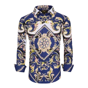 Men's PREMIERE Black White Blue Diamond Tribal Paisley Long Sleeve Button Down Dress Shirt