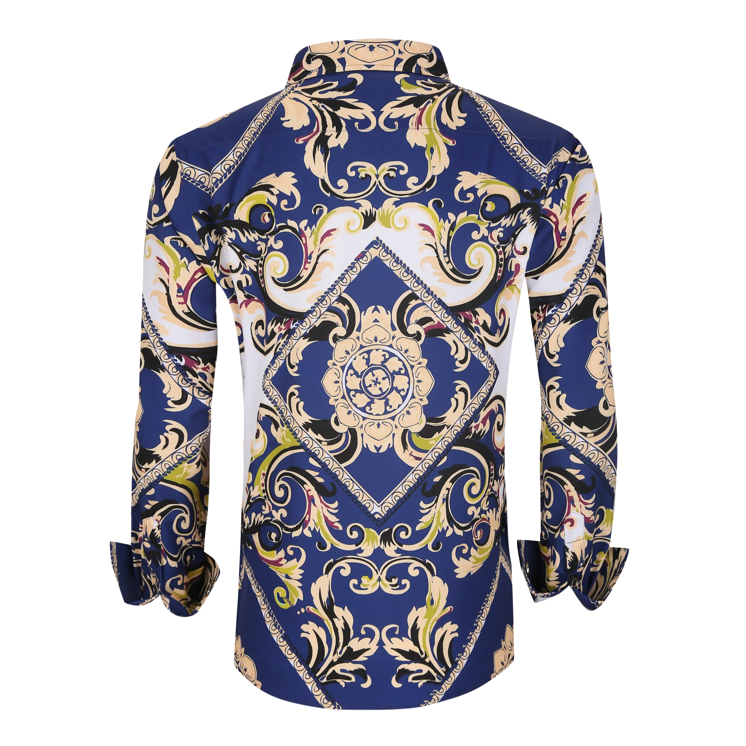 Men's PREMIERE Black White Blue Diamond Tribal Paisley Long Sleeve Button Down Dress Shirt