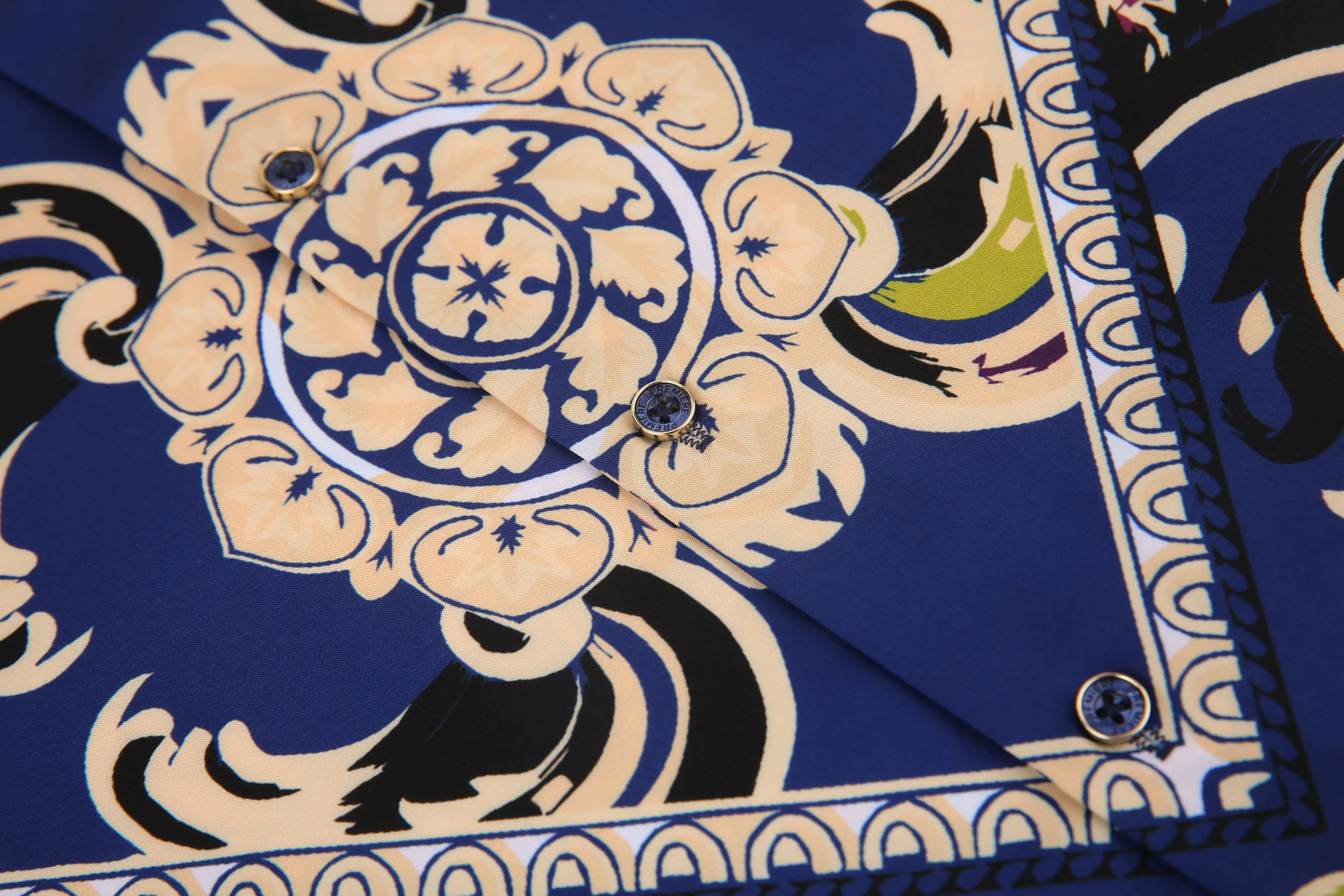 Men's PREMIERE Black White Blue Diamond Tribal Paisley Long Sleeve Button Down Dress Shirt