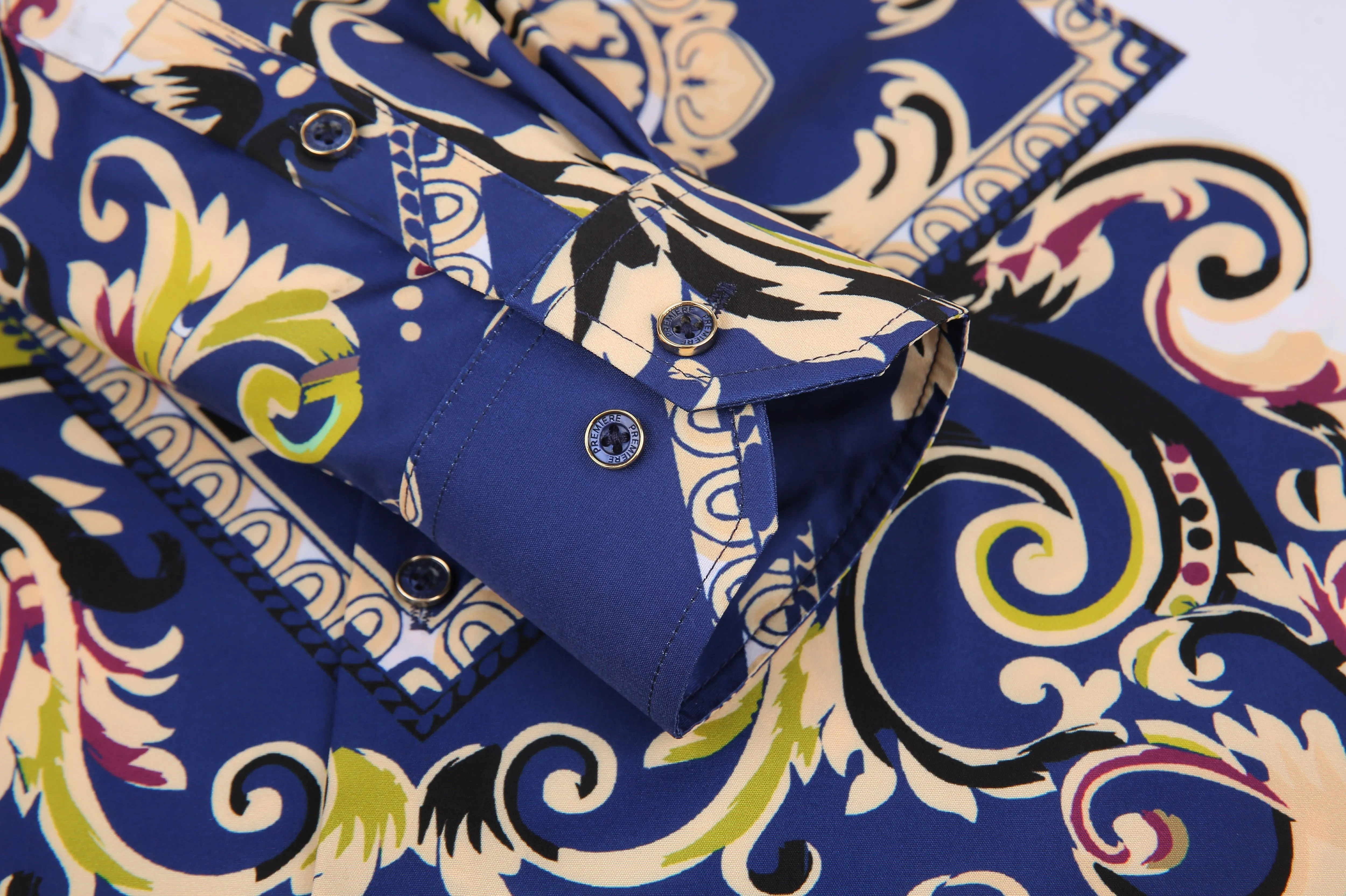 Men's PREMIERE Black White Blue Diamond Tribal Paisley Long Sleeve Button Down Dress Shirt