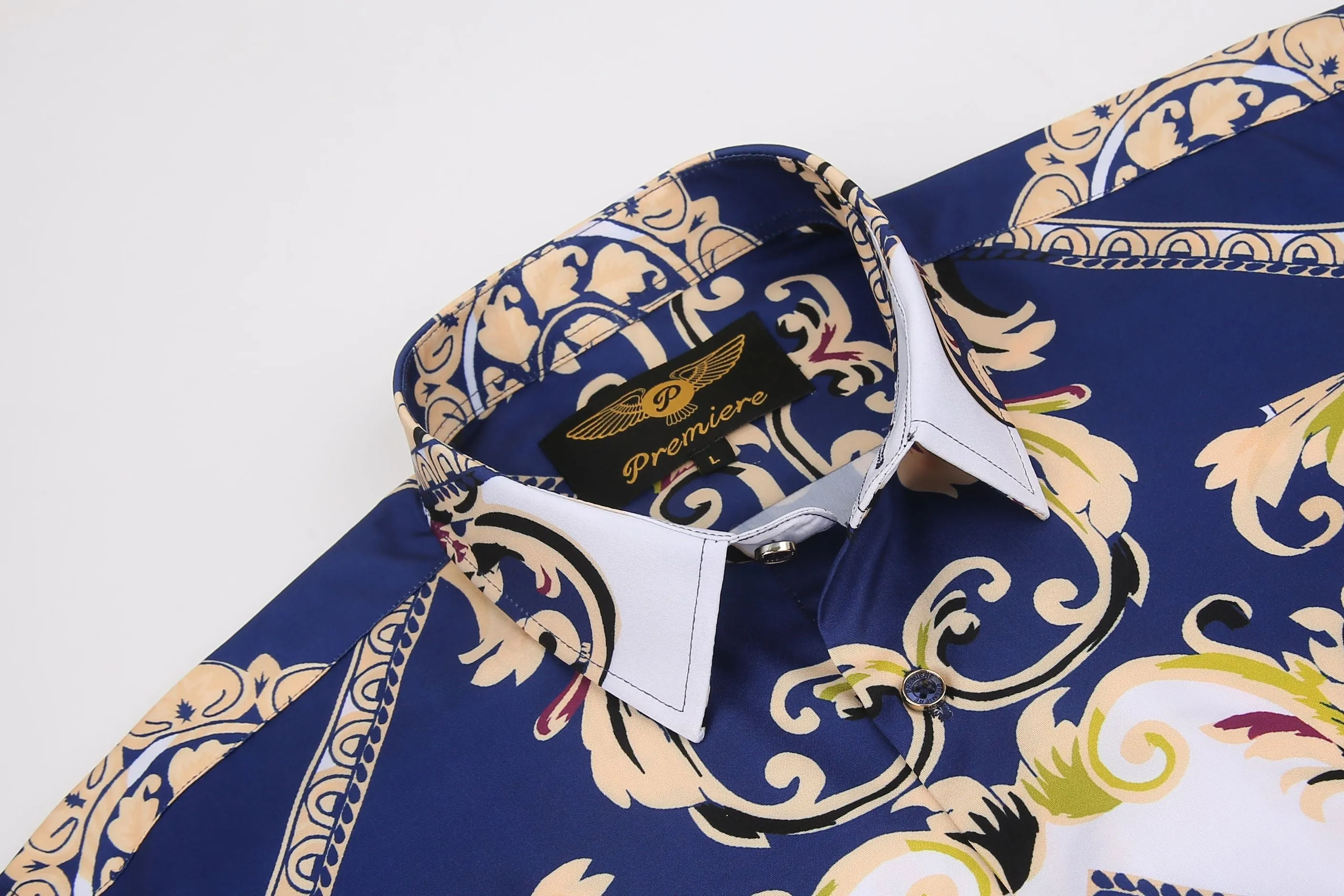Men's PREMIERE Black White Blue Diamond Tribal Paisley Long Sleeve Button Down Dress Shirt