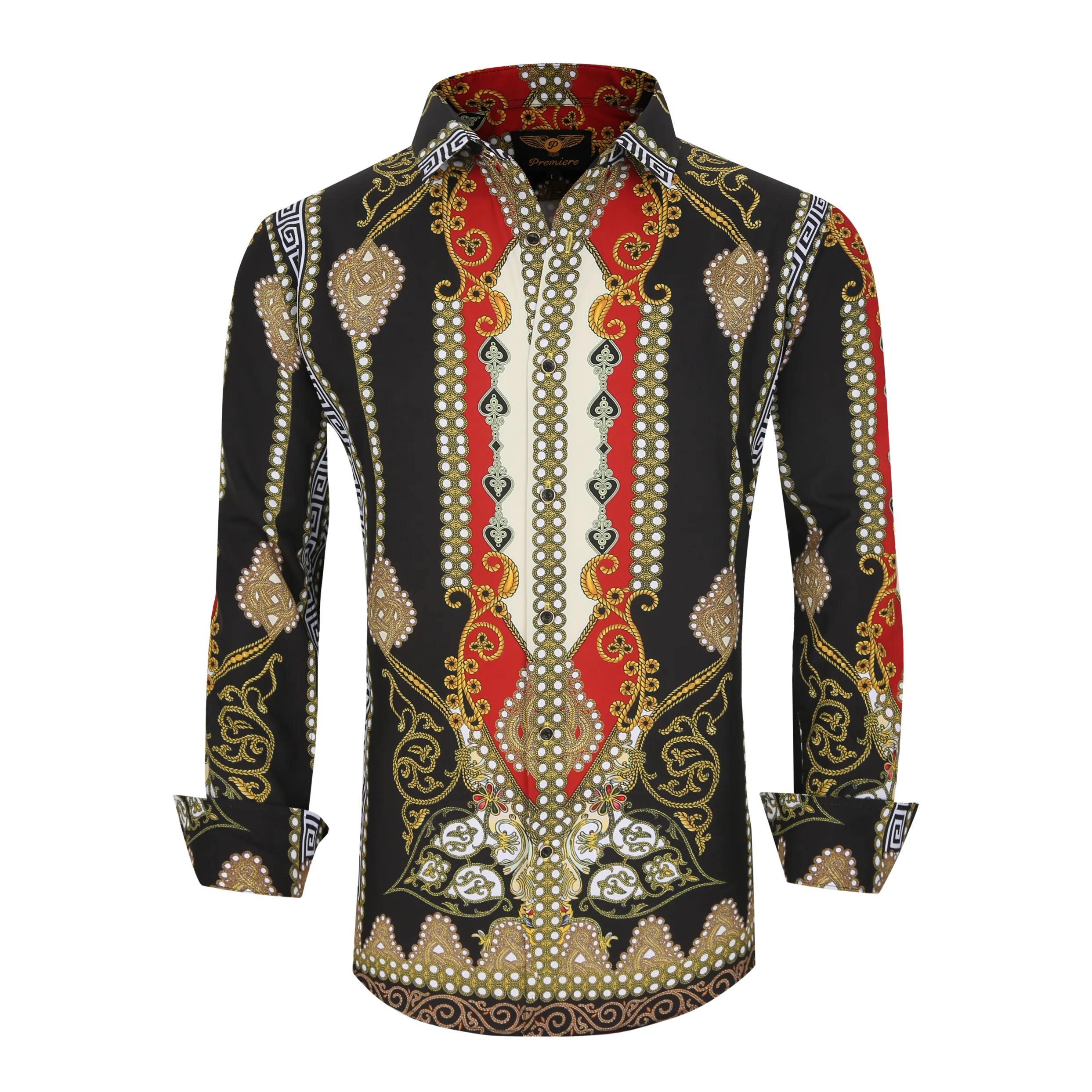 Men's PREMIERE Black White Red Pearl Spades Geometric Floral Tribal Design Long Sleeve Button Down Dress Shirt