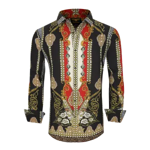 Men's PREMIERE Black White Red Pearl Spades Geometric Floral Tribal Design Long Sleeve Button Down Dress Shirt