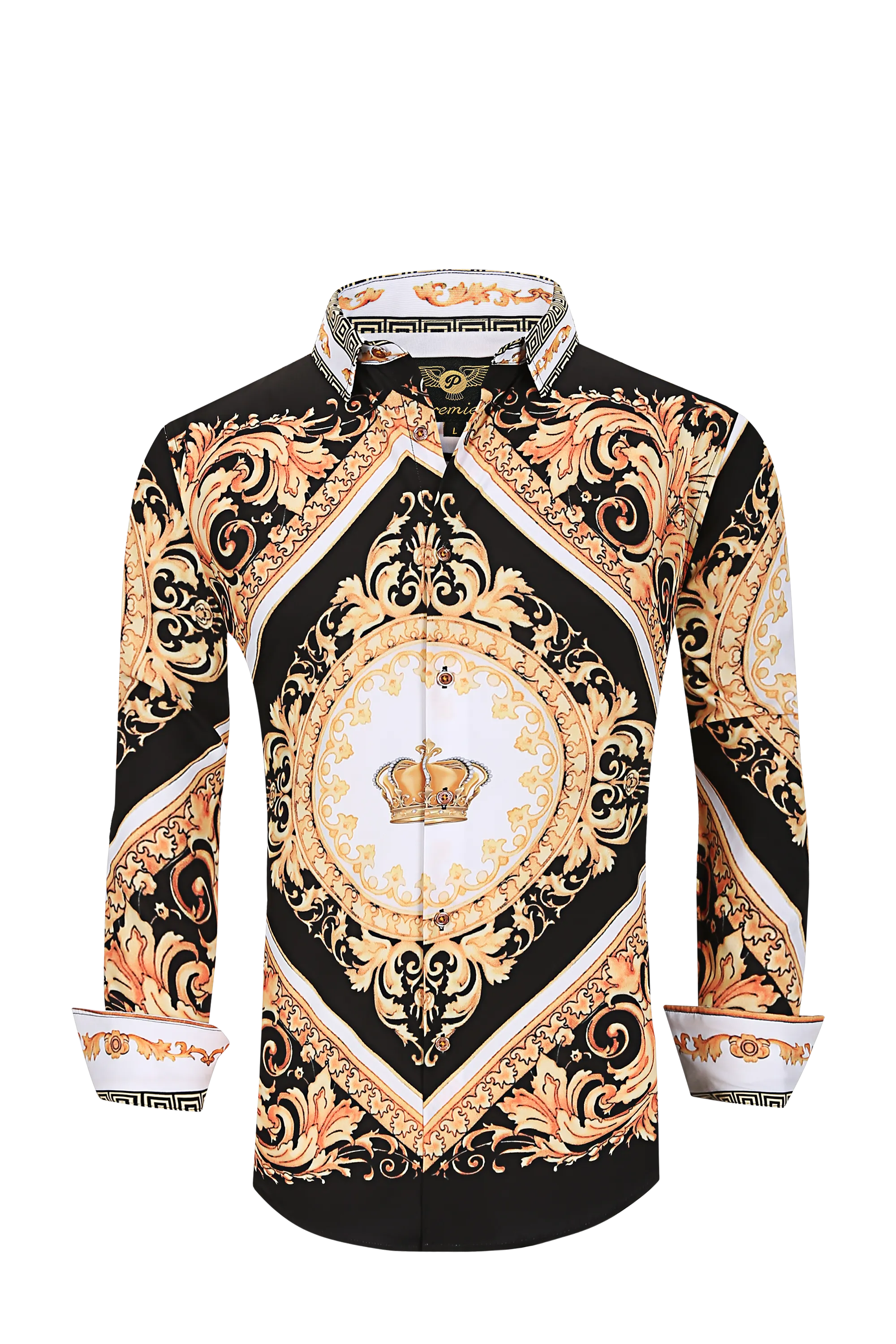 Mens PREMIERE Long Sleeve Button Down Dress Shirt Black Gold Crown