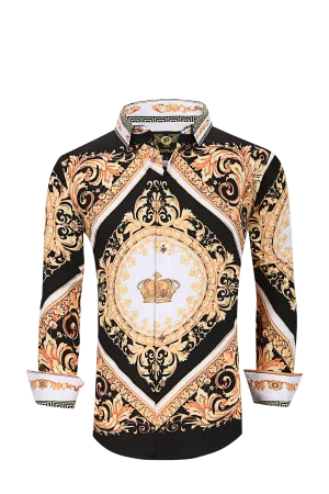 Mens PREMIERE Long Sleeve Button Down Dress Shirt Black Gold Crown